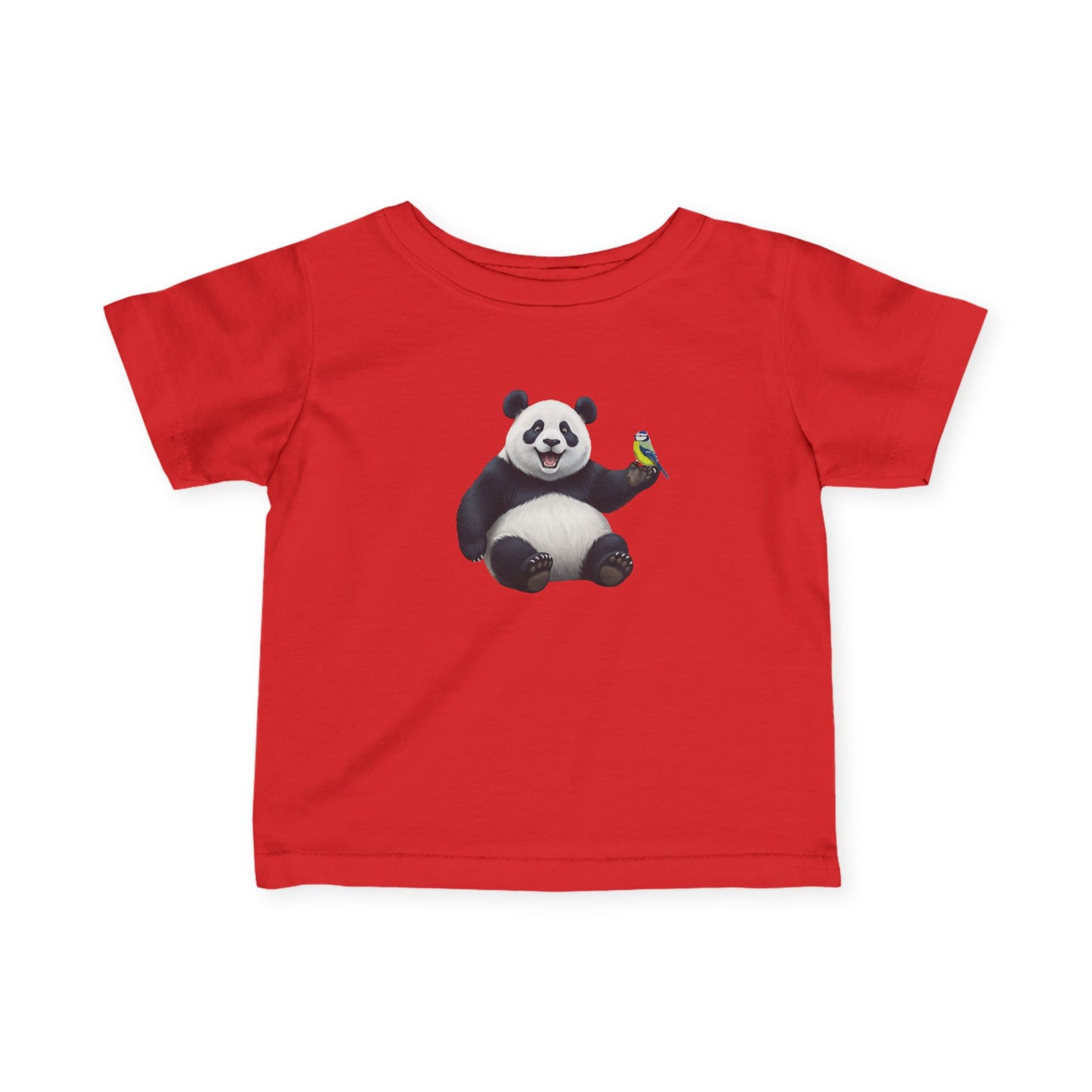 Fröhlicher Panda mit Blaumeise Vogel Tiermotiv T-Shirt für Babys und Kleinkinder