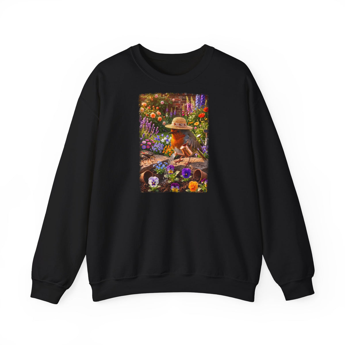 Niedliches Rotkehlchen Sweatshirt beim Blumen gießen | Gemütlicher Garten-Pullover
