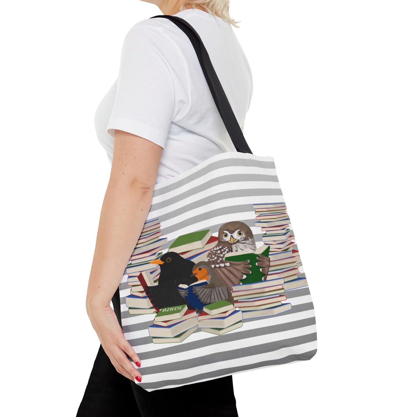 Robin Blackbird Owl Birds and Books Birdlover Bookworm Tote Bag 16"x16"