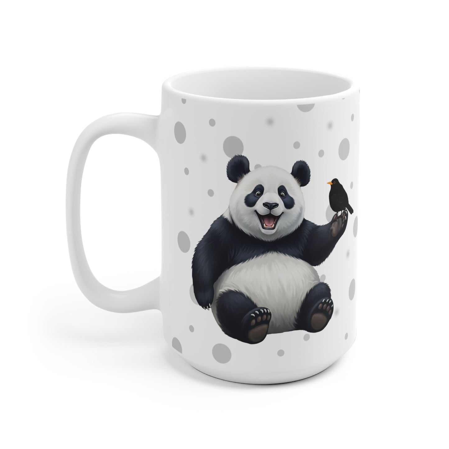 Amsel mit einem fröhlichen Panda Vogel Tiermotiv Tasse Punkte Grau