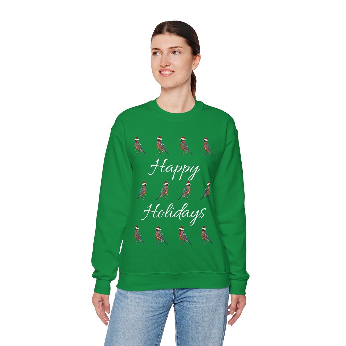 American Robin as Santa with Hat Scarf and Fairy Lights Happy Holidays Birdwatcher Christmas Bird Sweatshirt