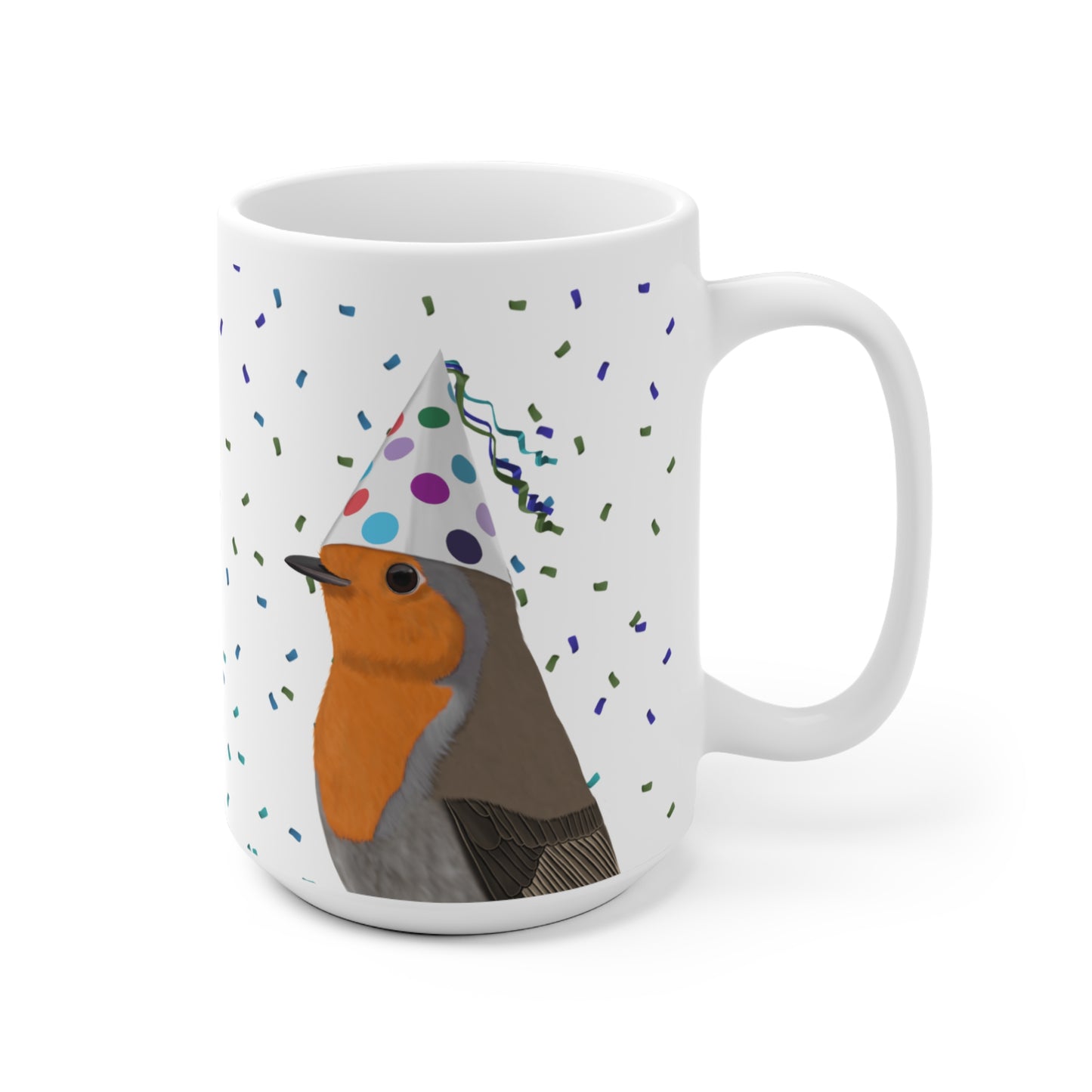 Rotkehlchen feiert Geburtstag mit Partyhut und Konfetti Vogel Tasse