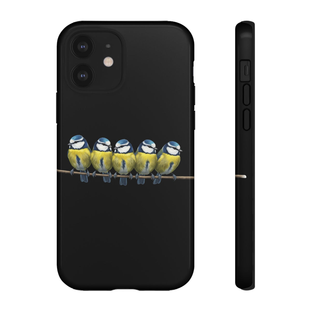 Funda premium para móvil de carbonero azul en una rama – Doble protección e impresión integral, negra