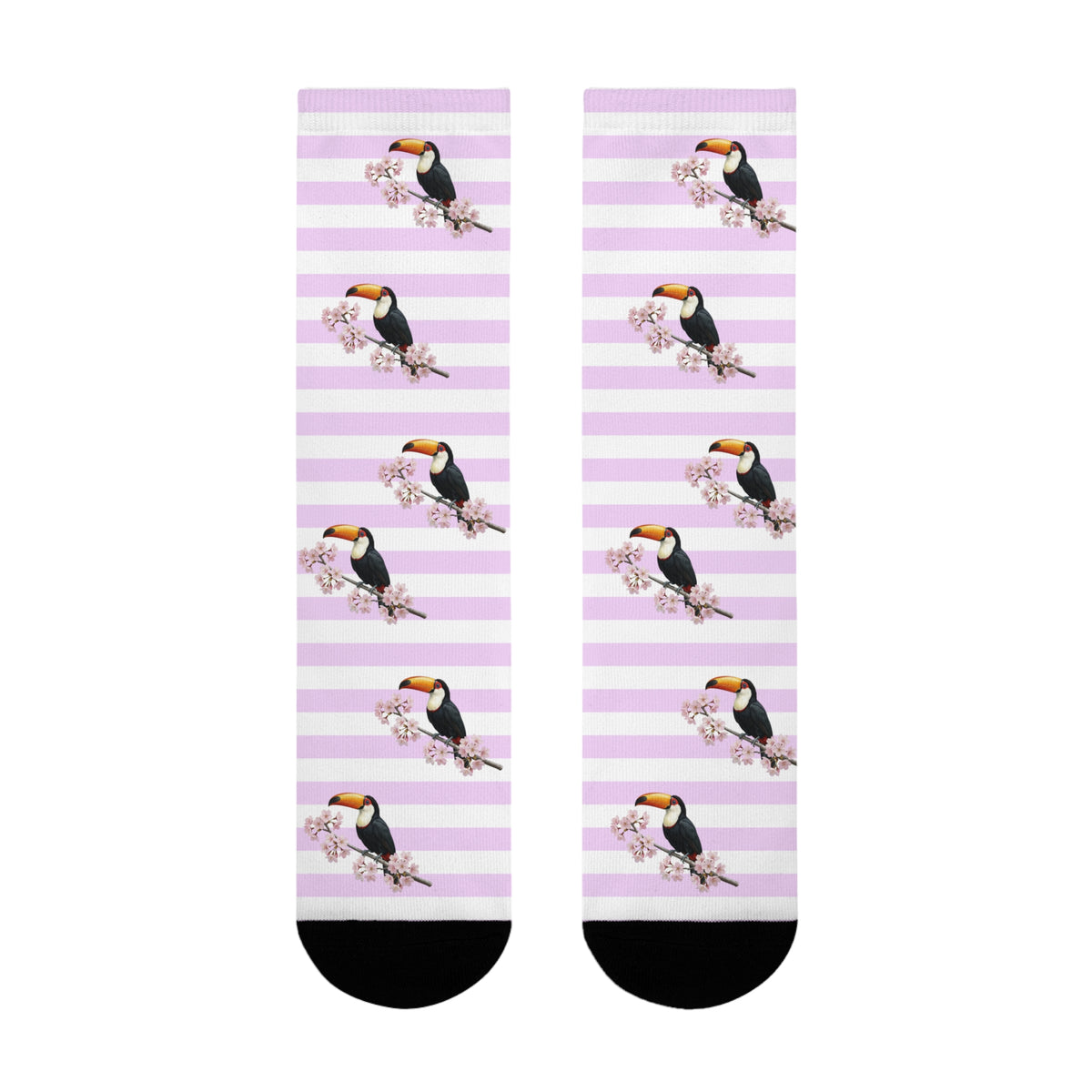 Tukan Socken mit Kirschblüten | Weiß Rosa gestreifte Vogelmotiv Strümpfe – Accessories,