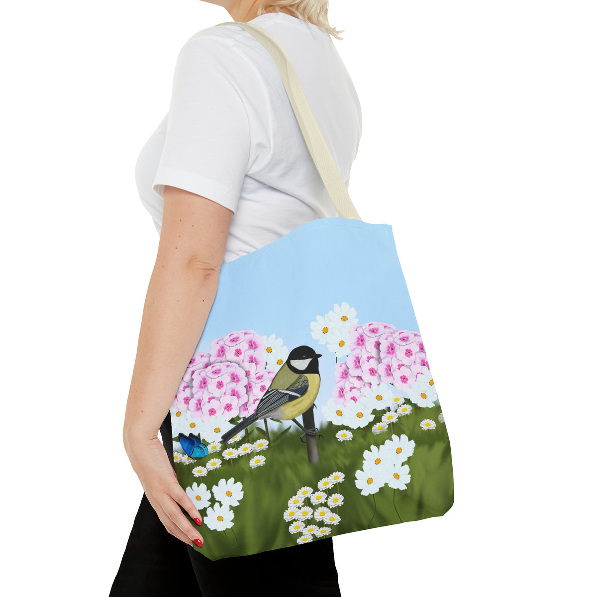 Chickadee in Summer Flowers Bird Tote Bag 16"x16" - jz.birds