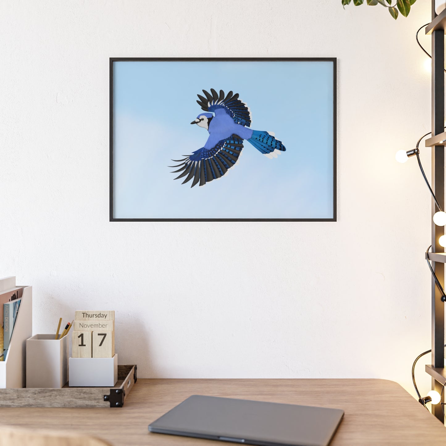 Vogel Poster im Holzrahmen - Blue Jay Poster Gartenvogel Singvogel