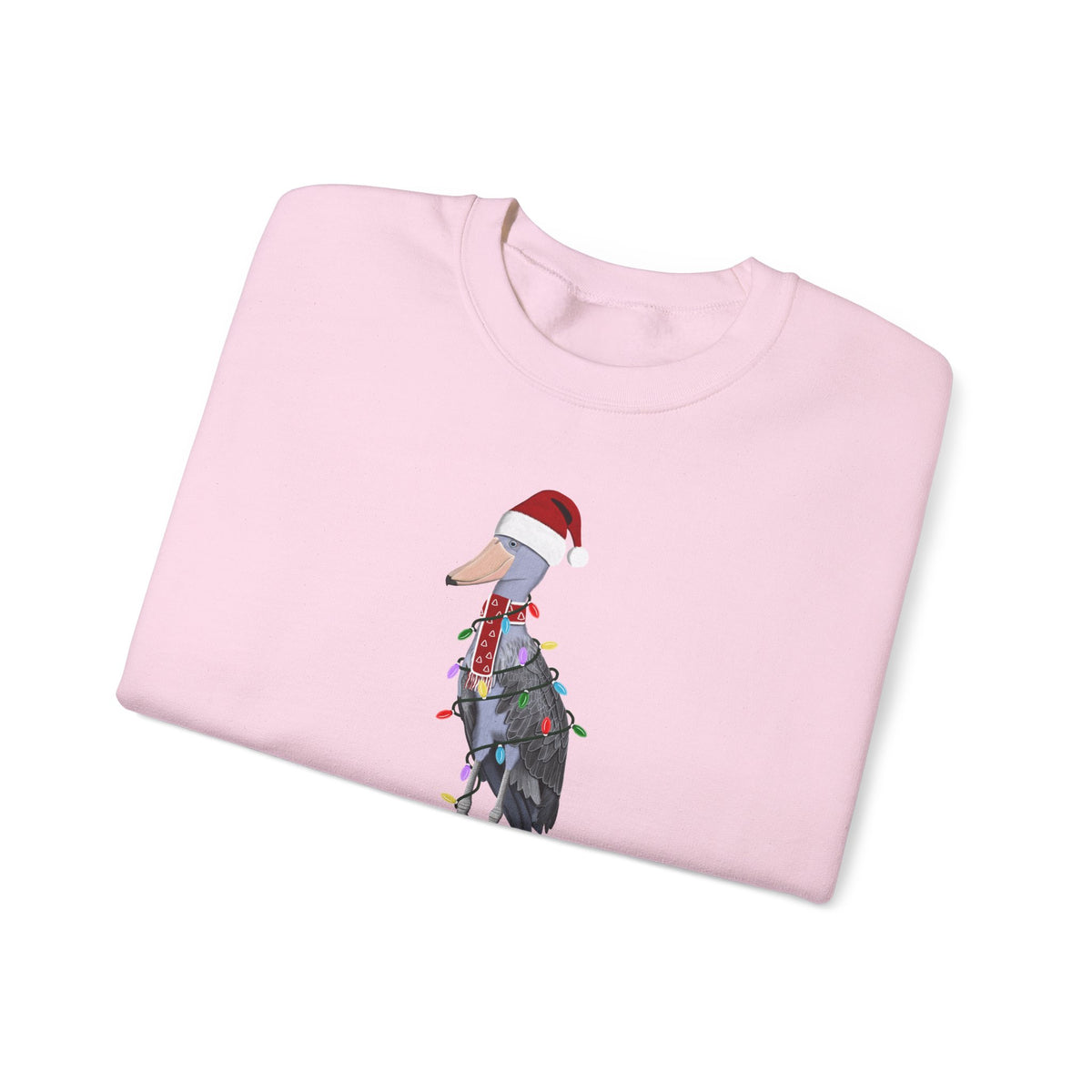 サンタクロースの姿でフェアリーライトをつけたハシビロコウのハッピーホリデーバードウォッチャークリスマスバードスウェットシャツ