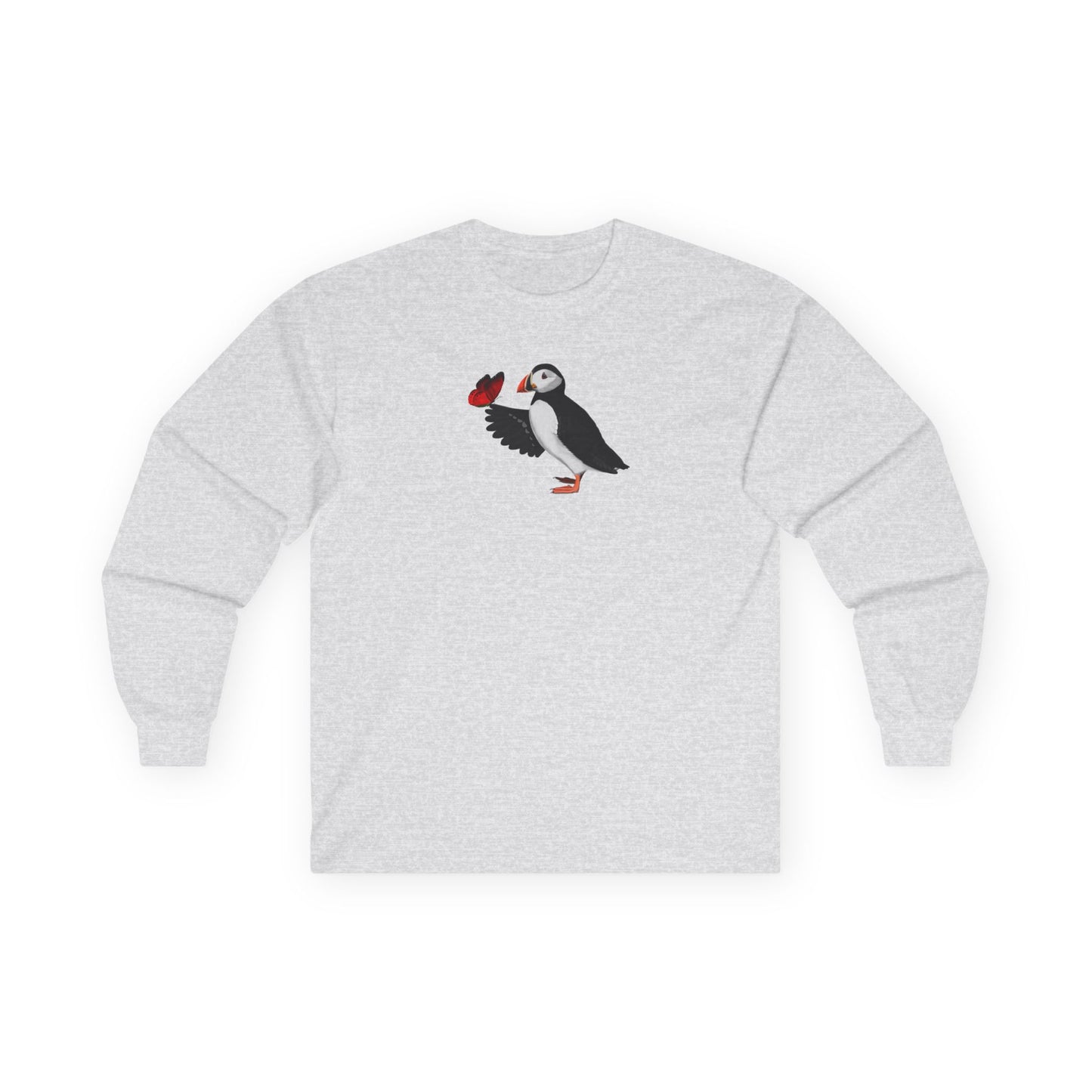 Puffin with Butterfly Birding & Birdwatching Bird Cotton Long Sleeve T-Shirt
