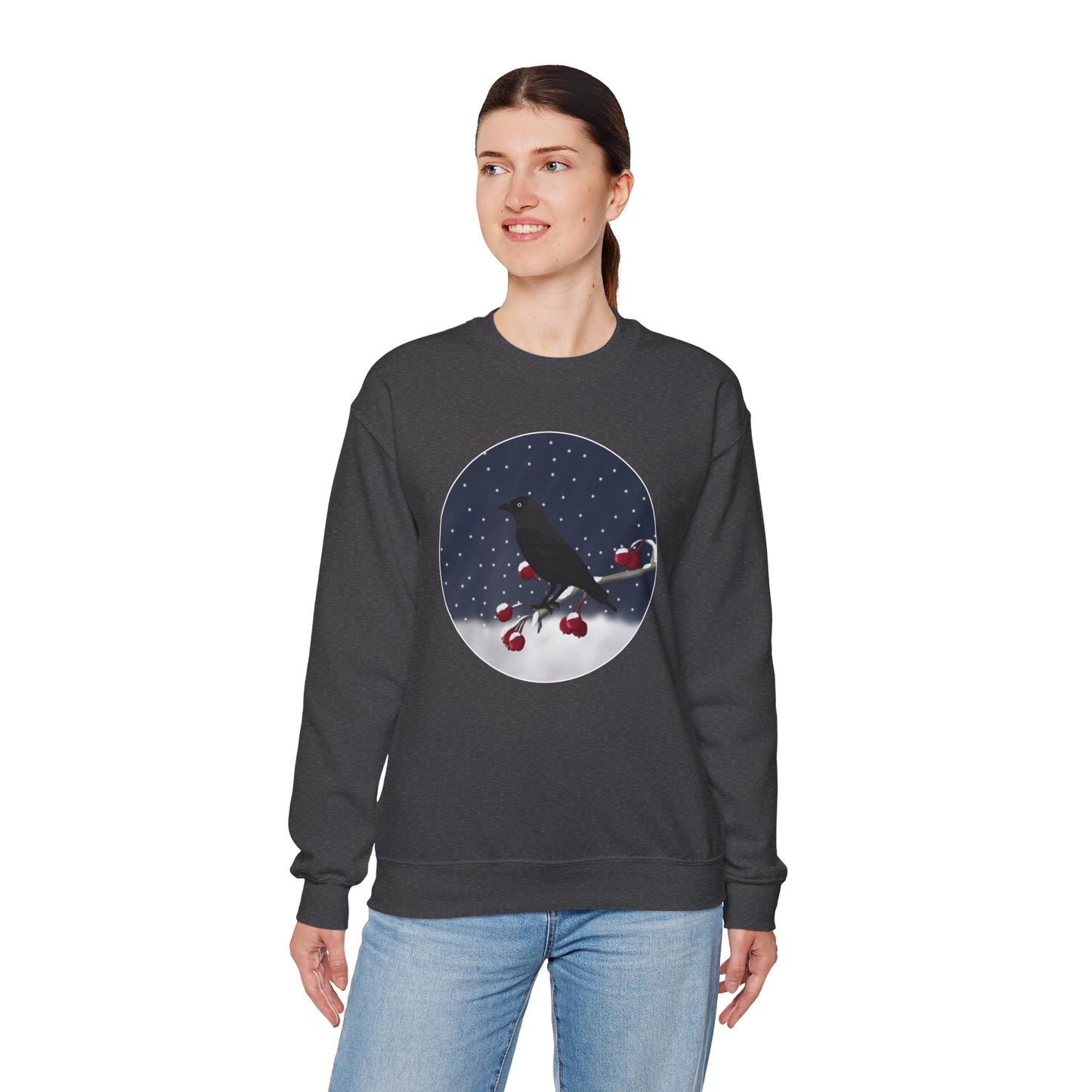 Western Jackdaw on a Winter Branch Birdwatcher Christmas Bird Sweatshirt