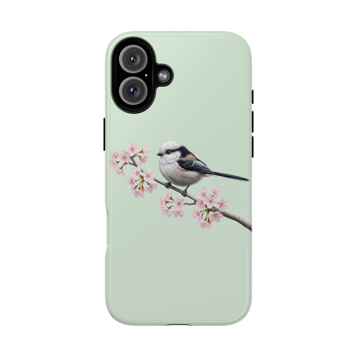Funda para móvil de carbonero común en verde salvia | Motivo floral de pájaro y flores de cerezo para iPhone y Google Pixel