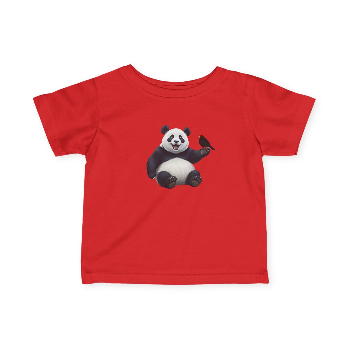 Fröhlicher Panda mit Amsel Vogel Tiermotiv T-Shirt für Babys und Kleinkinder