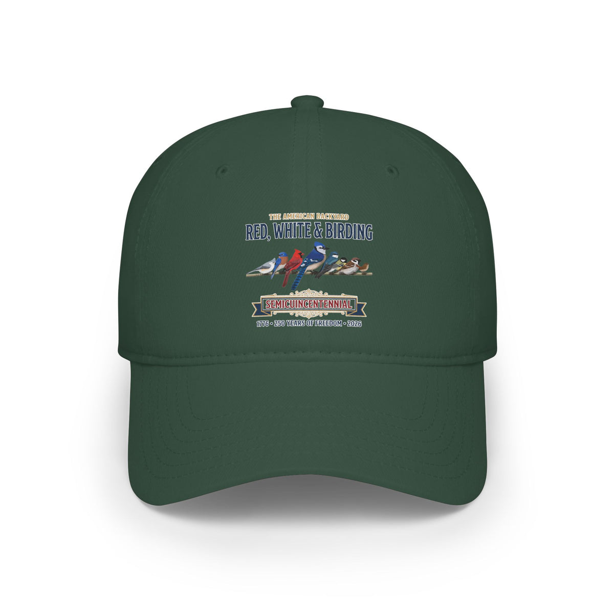 Red, White & Birding Branch Baseball Cap | Cardinal Blue Jay Bluebird 250th Anniversary Edition | jz.birds