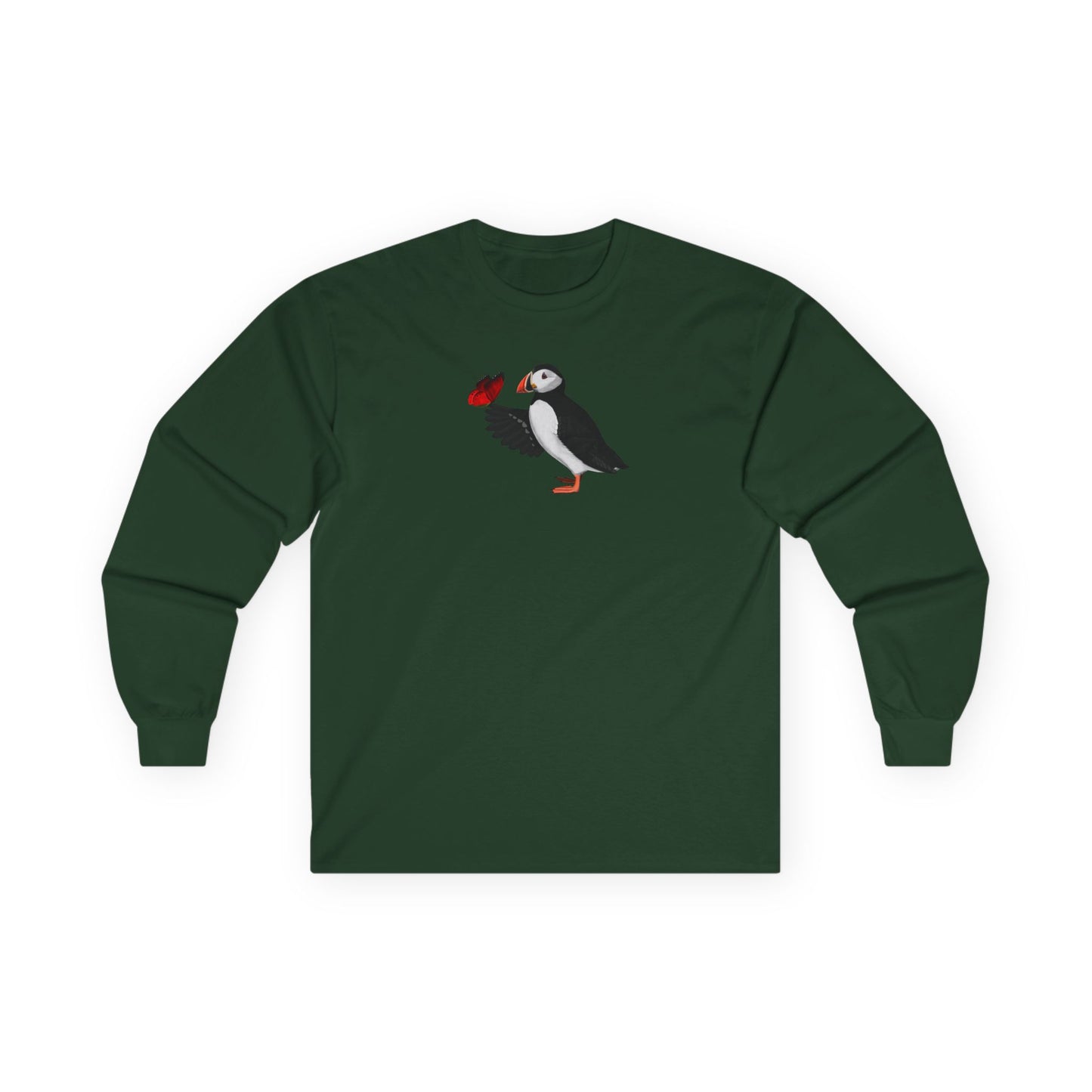 Puffin with Butterfly Birding & Birdwatching Bird Cotton Long Sleeve T-Shirt