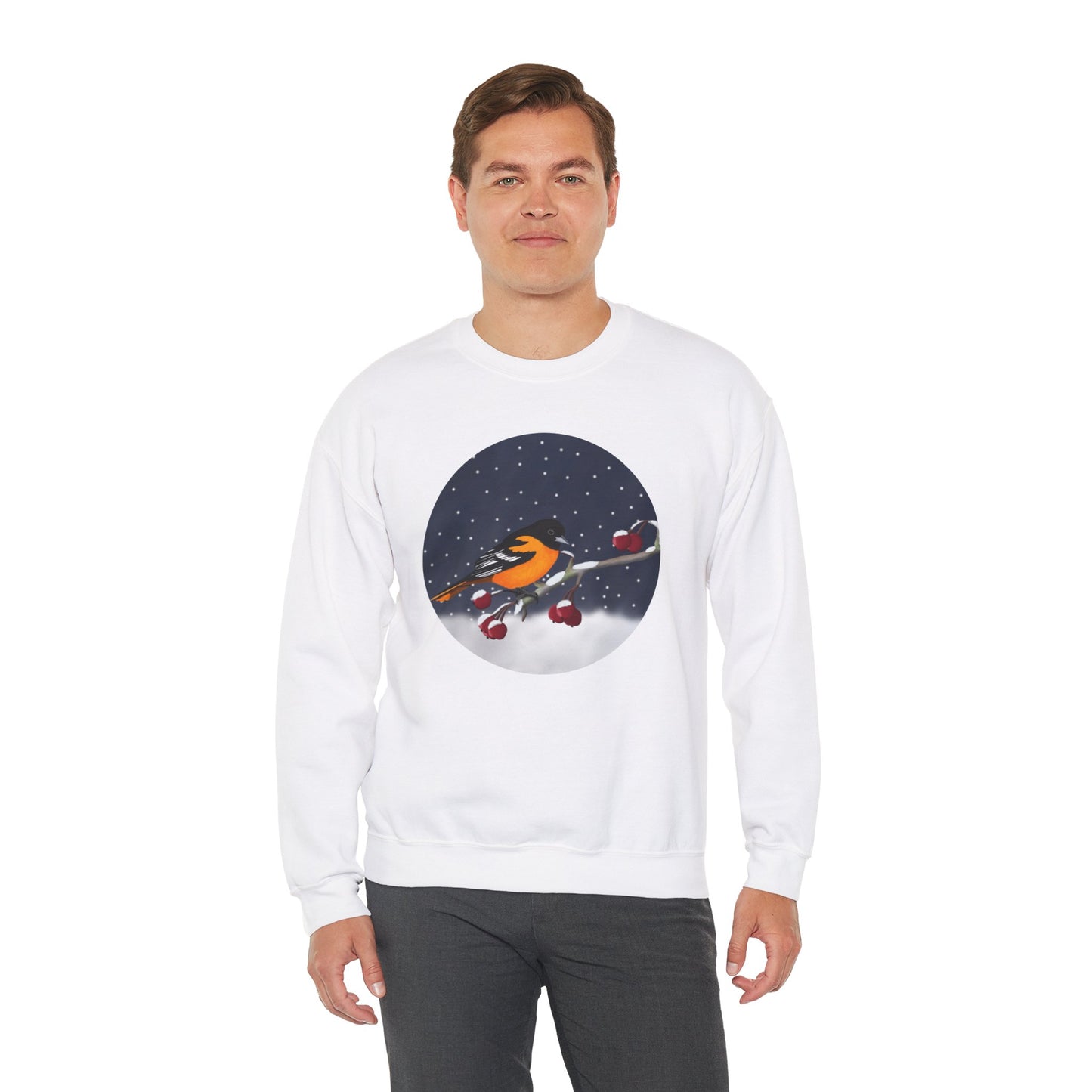 Baltimore Oriole on a Winter Branch Birdwatcher Christmas Bird Sweatshirt