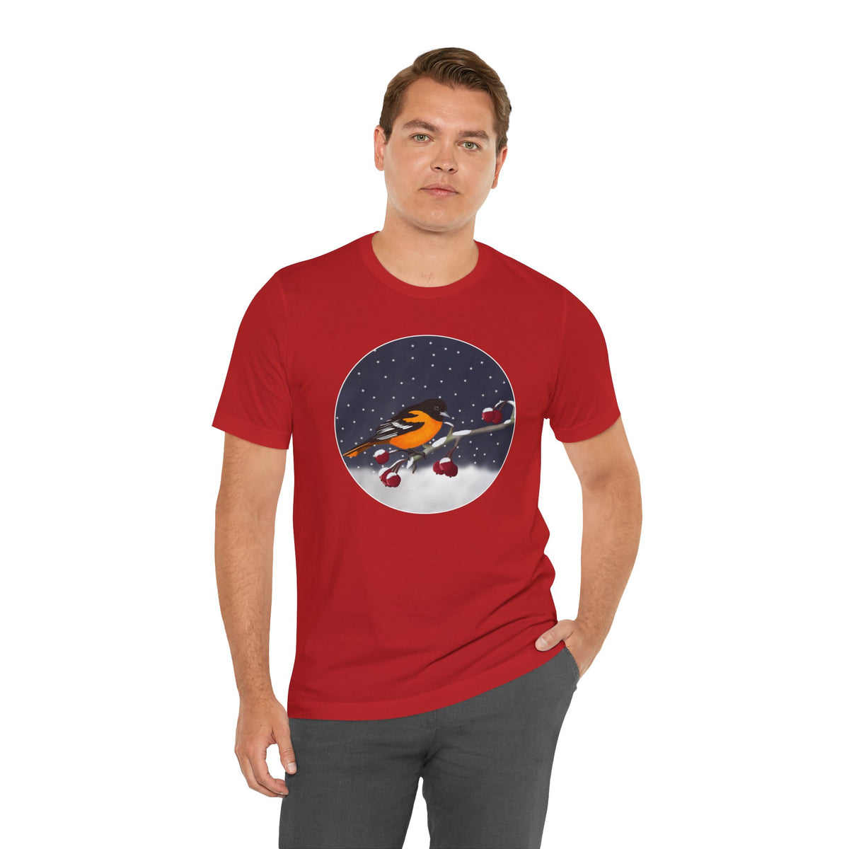 Baltimore Oriole on a Winter Branch Birdwatcher Christmas Bird T-Shirt