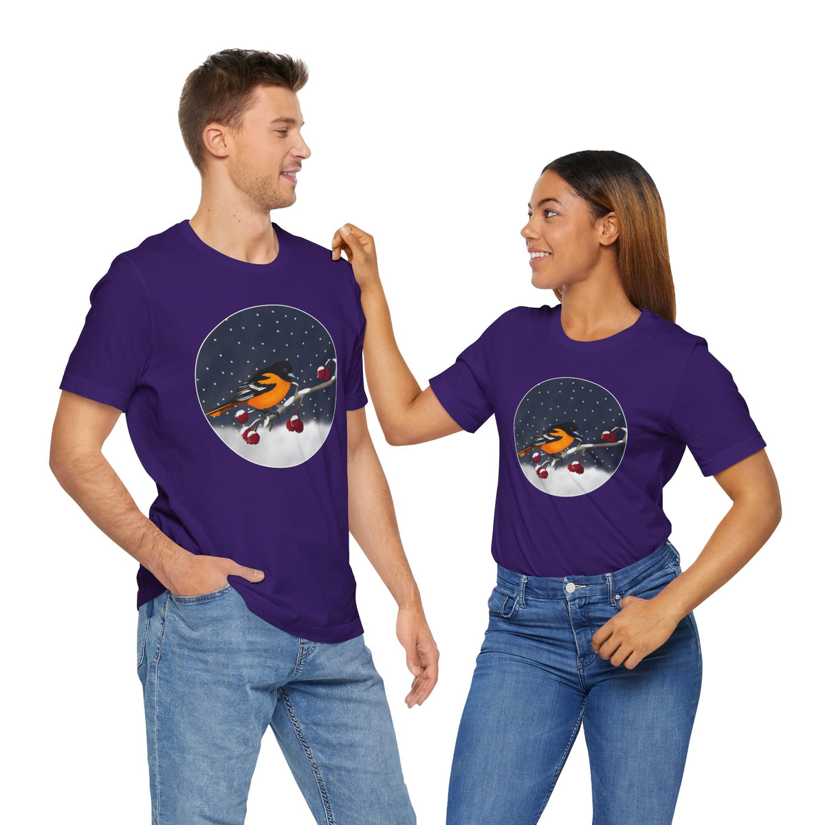 Baltimore Oriole on a Winter Branch Birdwatcher Christmas Bird T-Shirt