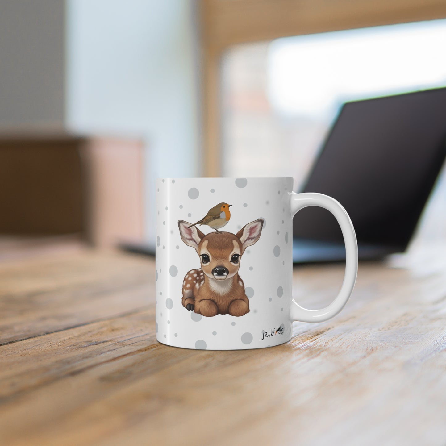 Cute Fawn Mug with Robin 11oz for Animal Lovers & Bird Watchers