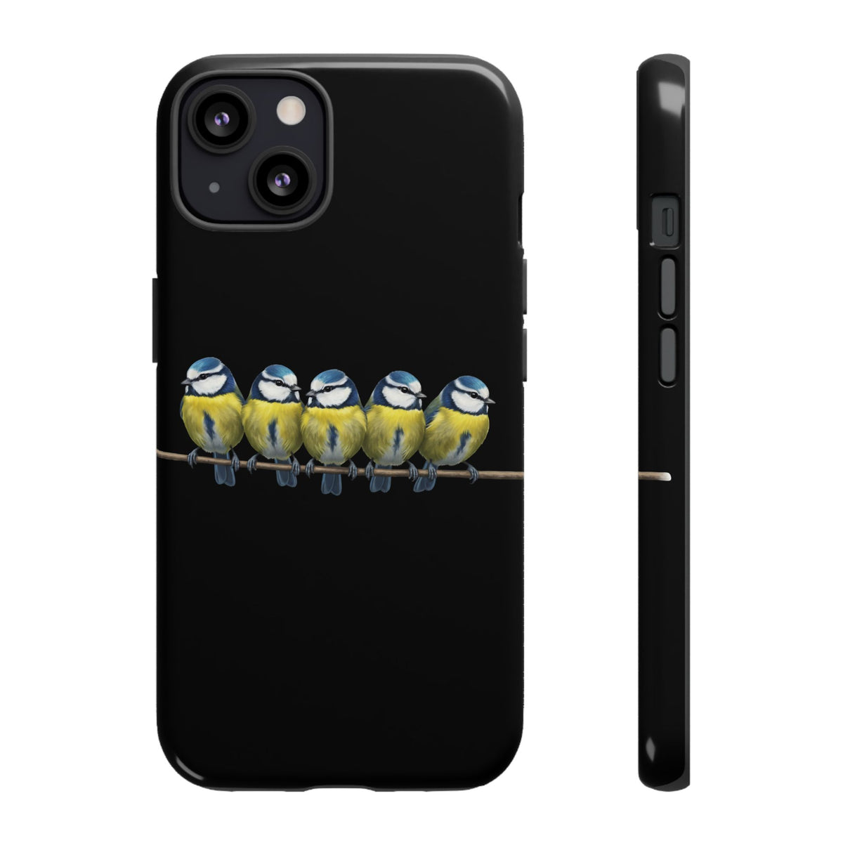 Funda premium para móvil de carbonero azul en una rama – Doble protección e impresión integral, negra