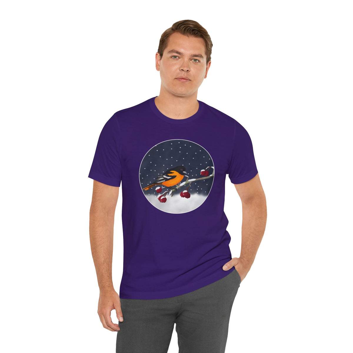 Baltimore Oriole on a Winter Branch Birdwatcher Christmas Bird T-Shirt