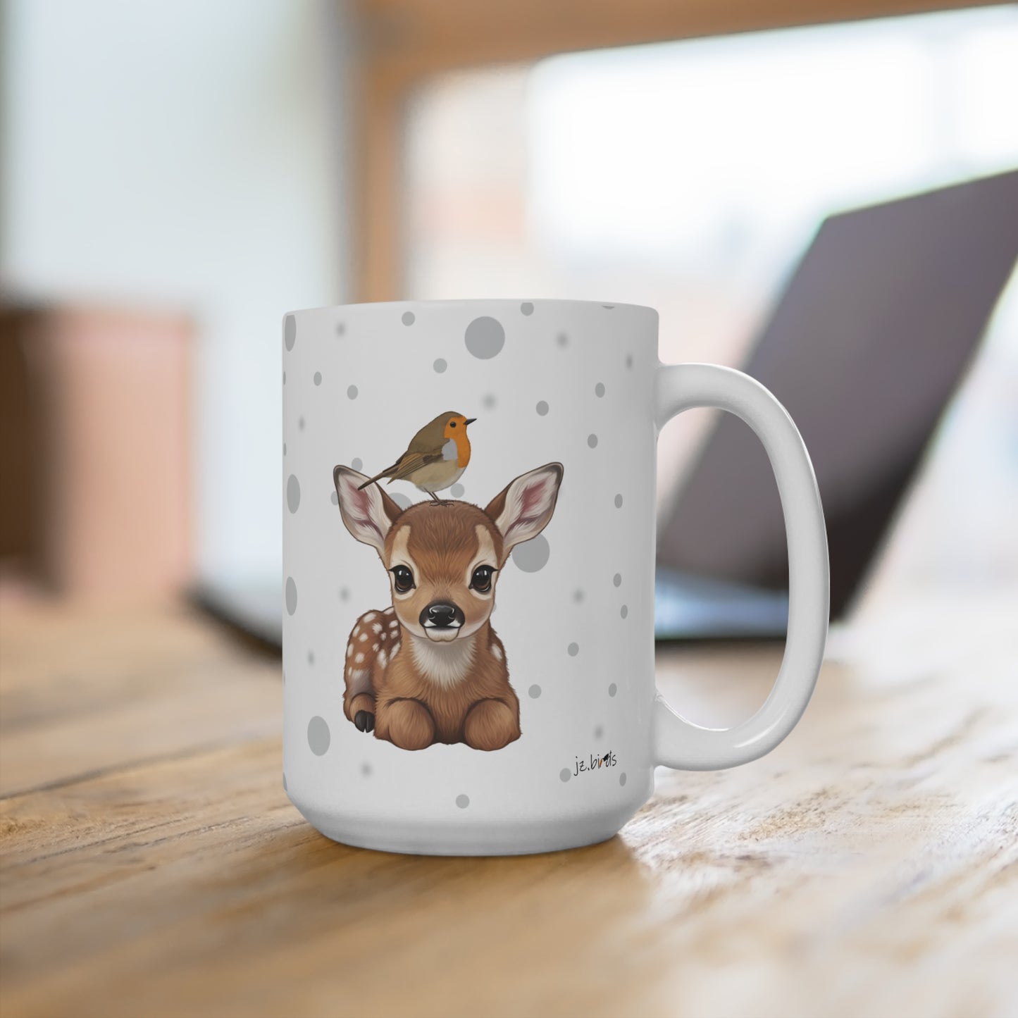 Rehkitz Tasse mit Rotkehlchen Tiermotiv Punkte Grau