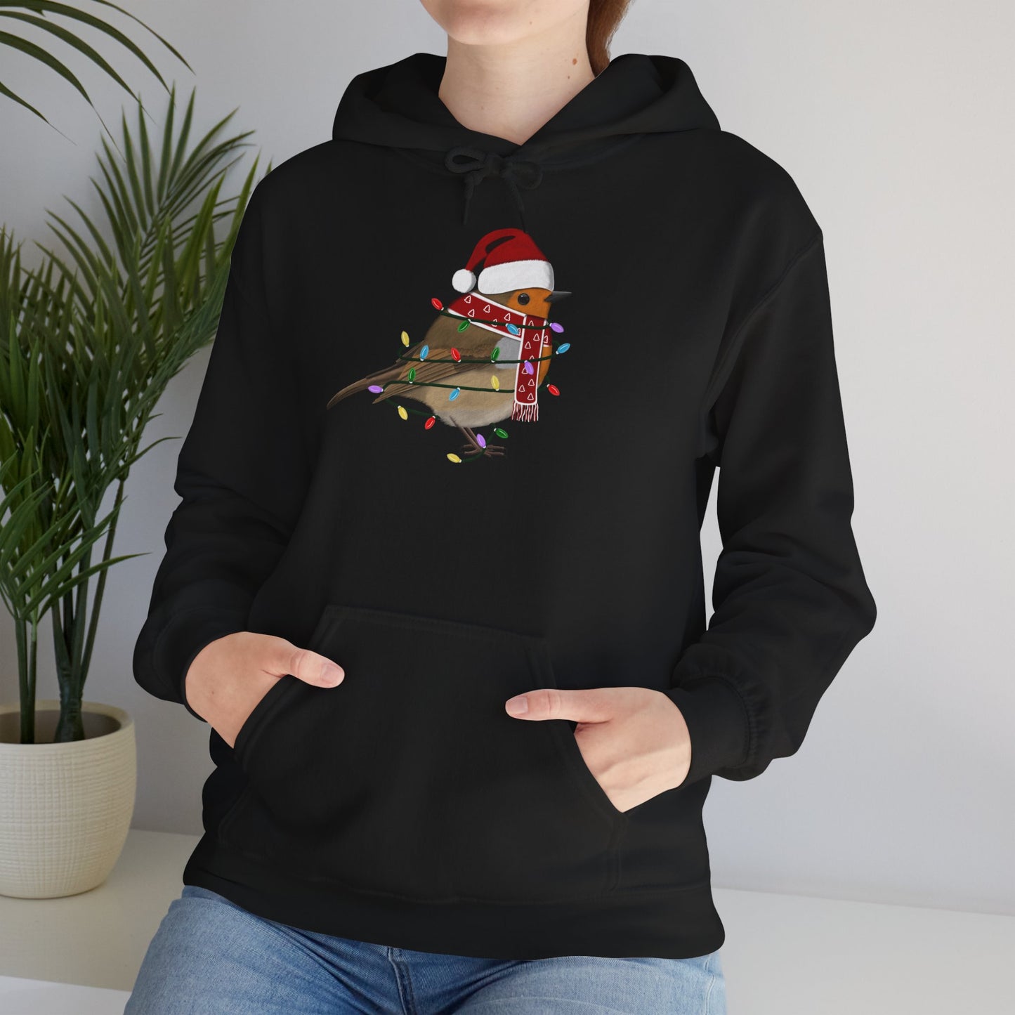 Rotkehlchen Weihnachts-Hoodie - Vogel als Weihnachtsmann mit Lichterkette Sweater