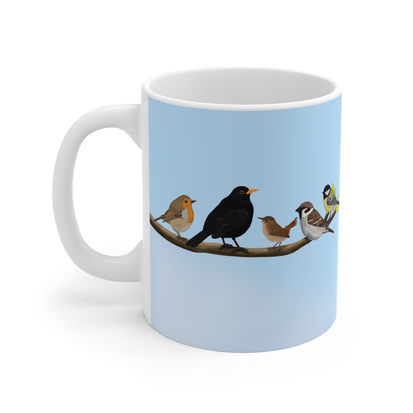 Vögel auf einem Ast Tasse Amsel Rotkehlchen Blaumeise Zaunkönig Spatz Kohlmeise Blau