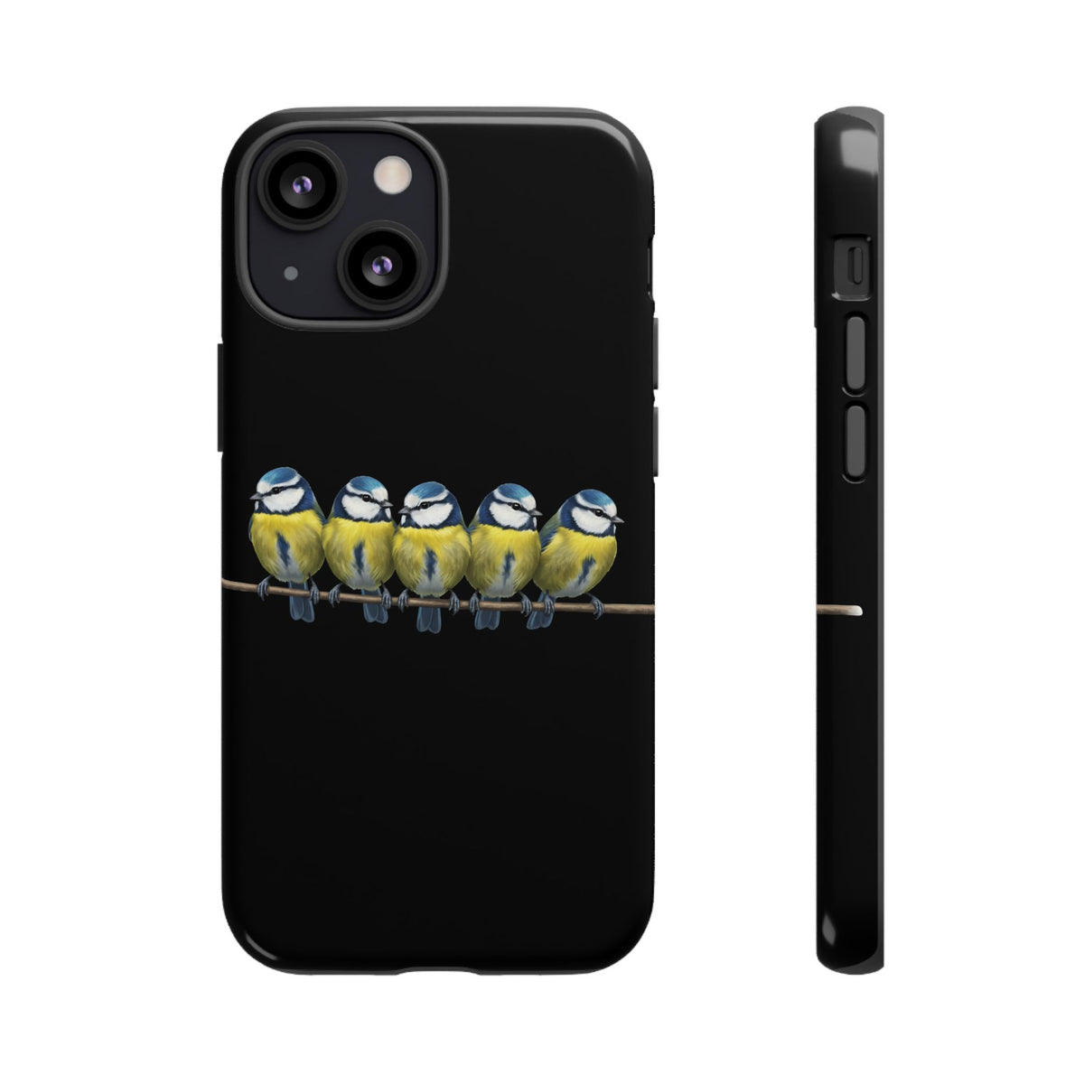 Funda premium para móvil de carbonero azul en una rama – Doble protección e impresión integral, negra