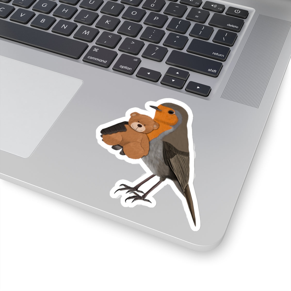 Robin Bird with Teddy Bear Kiss-Cut Sticker