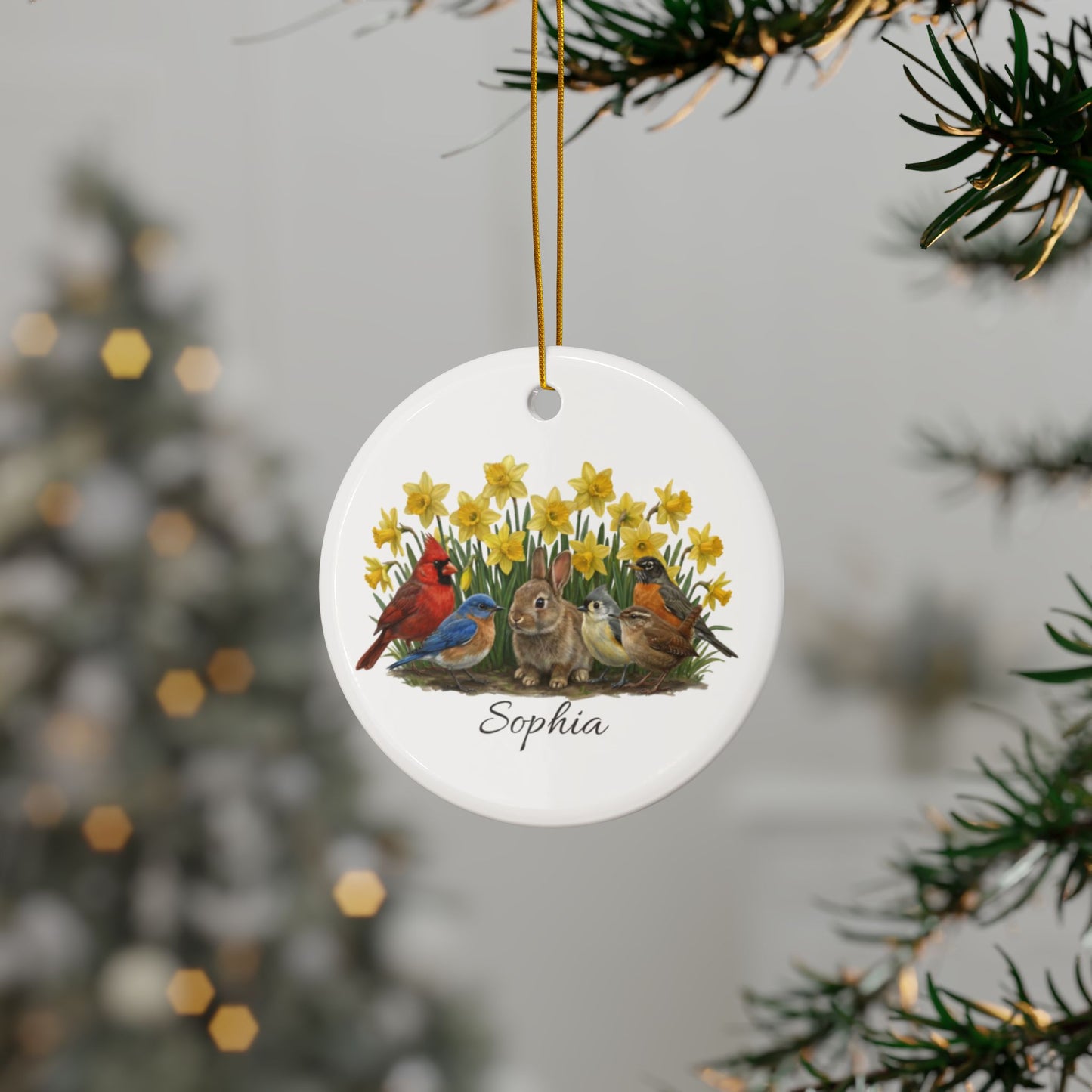 Personalized Bunny & Birds — Custom Name Ceramic Easter Basket Tag & Ornament