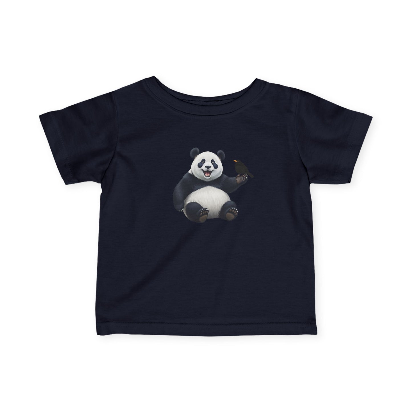 Fröhlicher Panda mit Amsel Vogel Tiermotiv T-Shirt für Babys und Kleinkinder