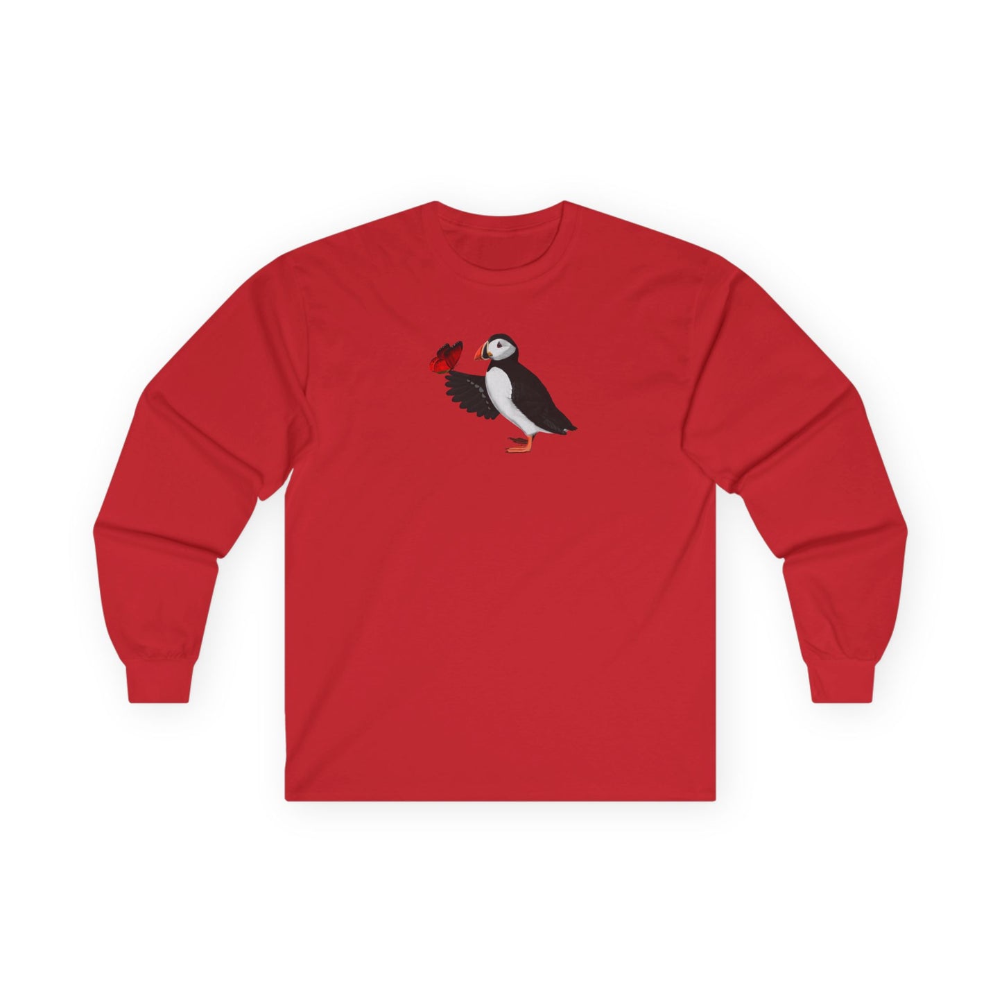 Puffin with Butterfly Birding & Birdwatching Bird Cotton Long Sleeve T-Shirt