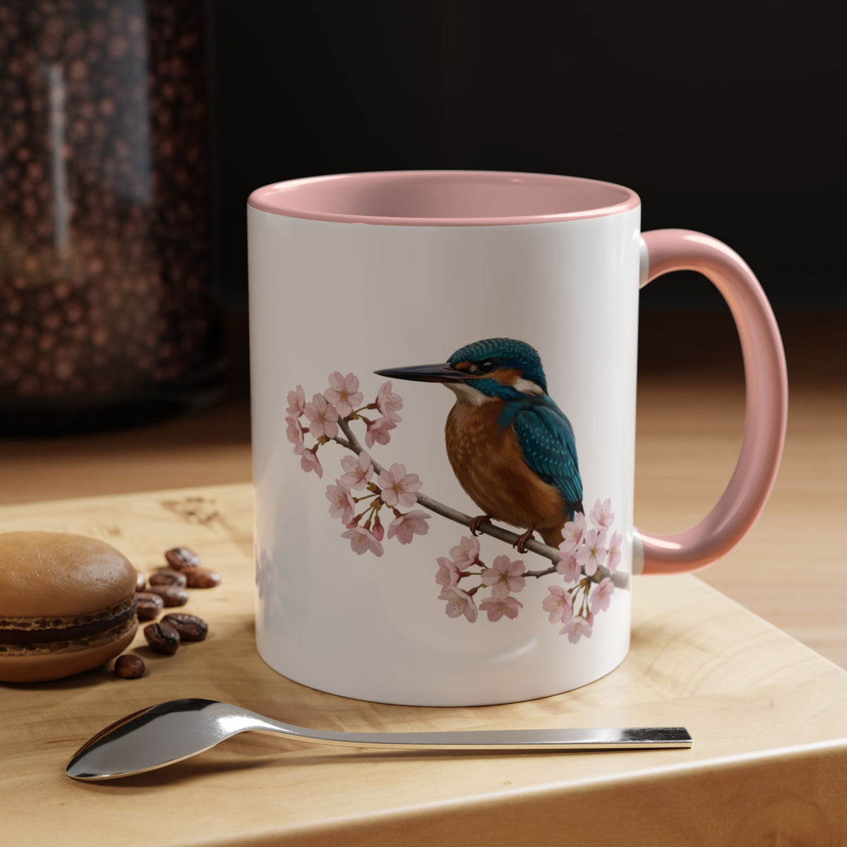 Eisvogel Tasse mit Kirschblüten | Rosa Keramiktasse für Vogelfreunde – Accent Coffee Mug,