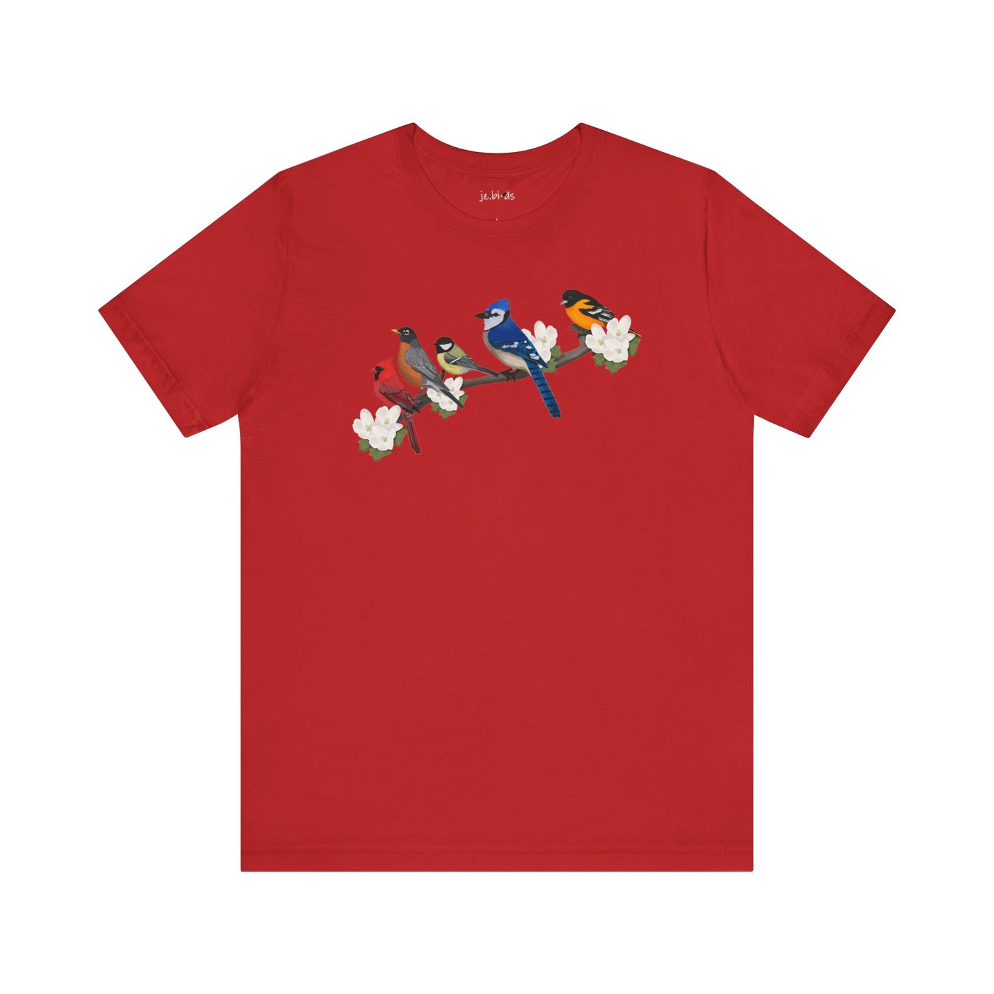 Blue Jay Cardinal Oriole Chickadee Robin on a Branch Garden Birds T-Shirt