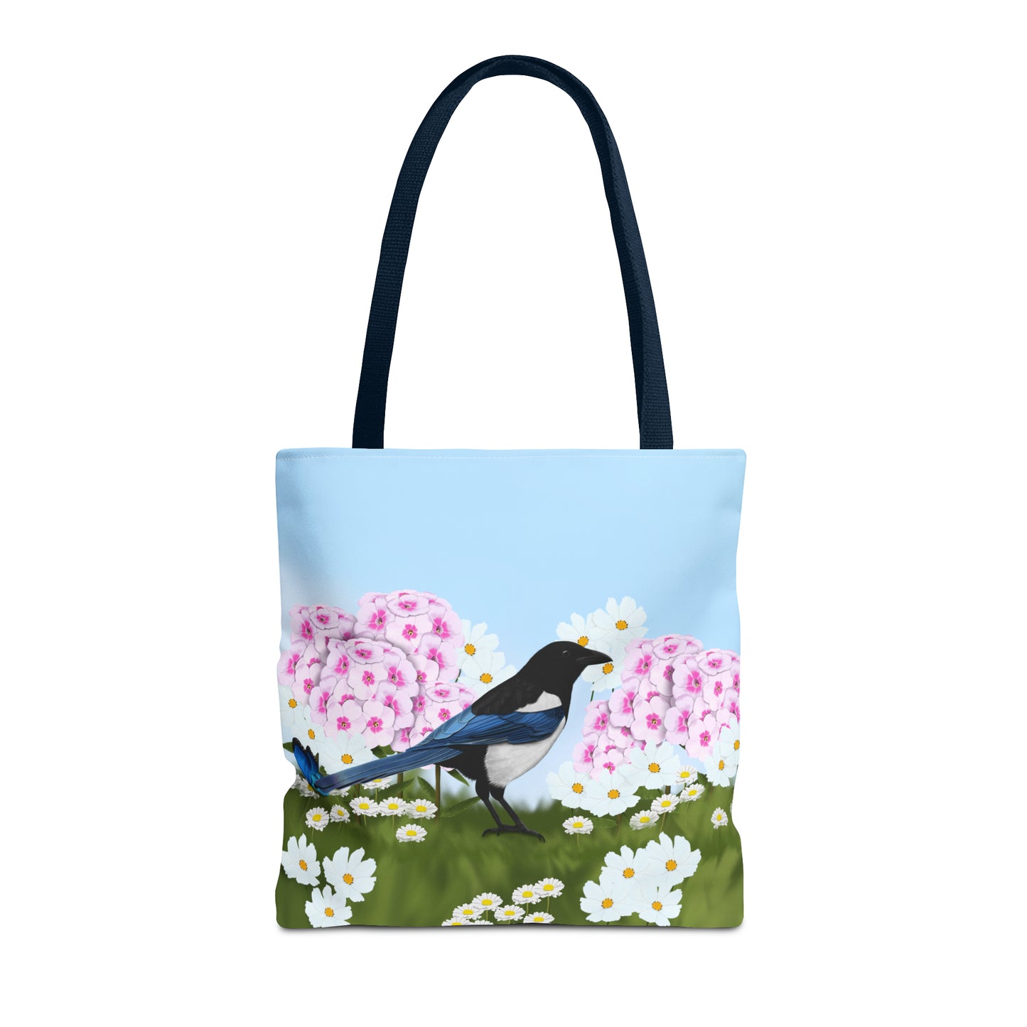Magpie in Summer Flowers Bird Tote Bag 16"x16" - jz.birds