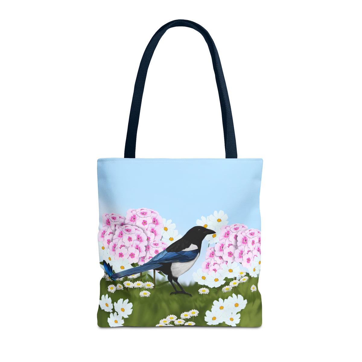 Magpie in Summer Flowers Bird Tote Bag 16"x16" - jz.birds