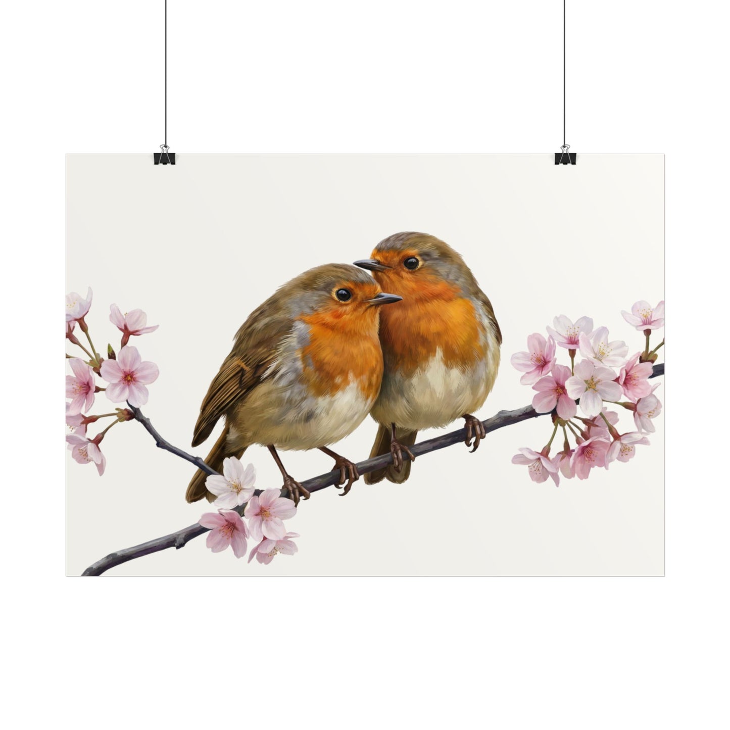 Premium Poster Rotkehlchen im Frühling mit Kirschblüten (Matt)