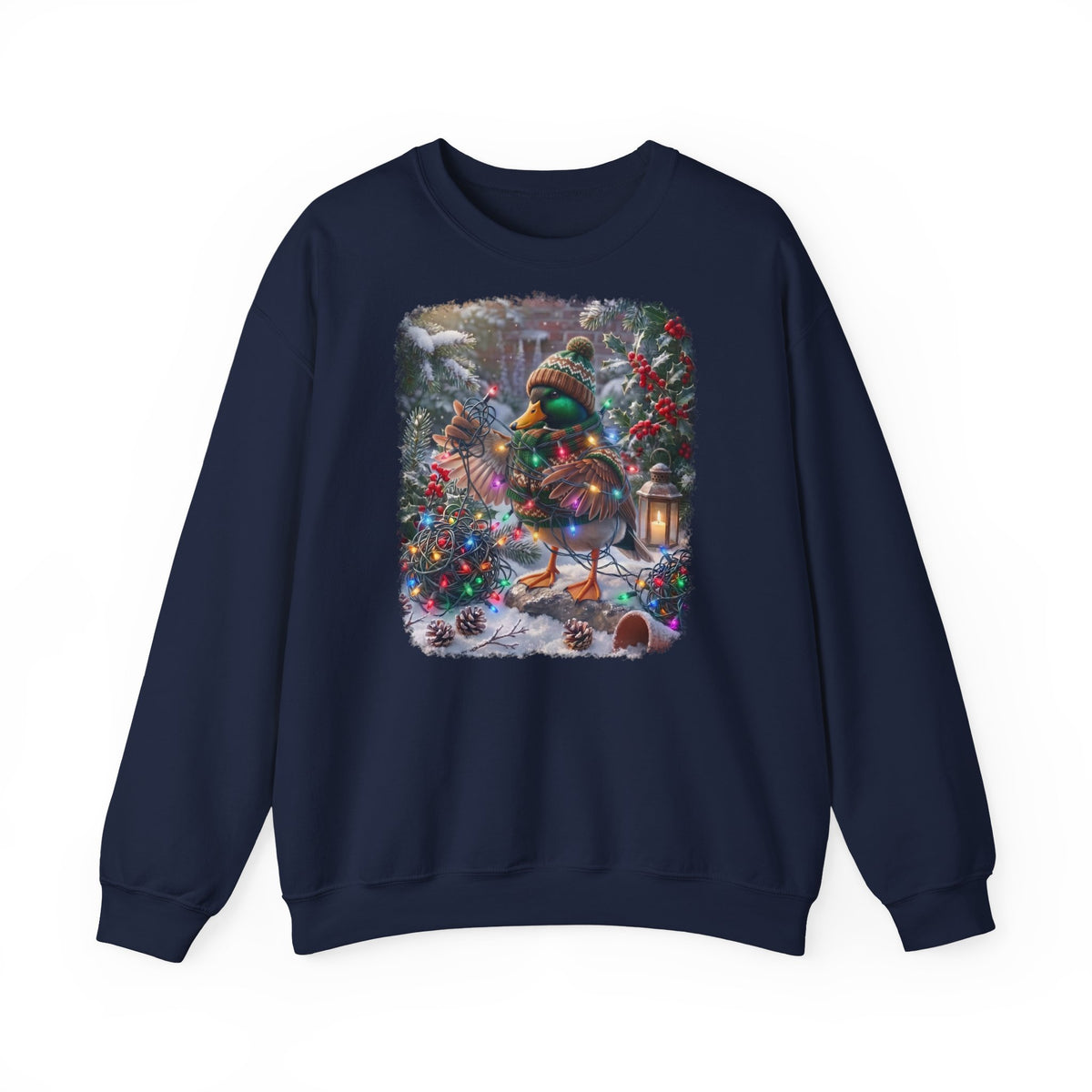 Sweat-shirt haut de gamme avec canard et guirlande lumineuse dans un jardin hivernal pour les amoureux des oiseaux