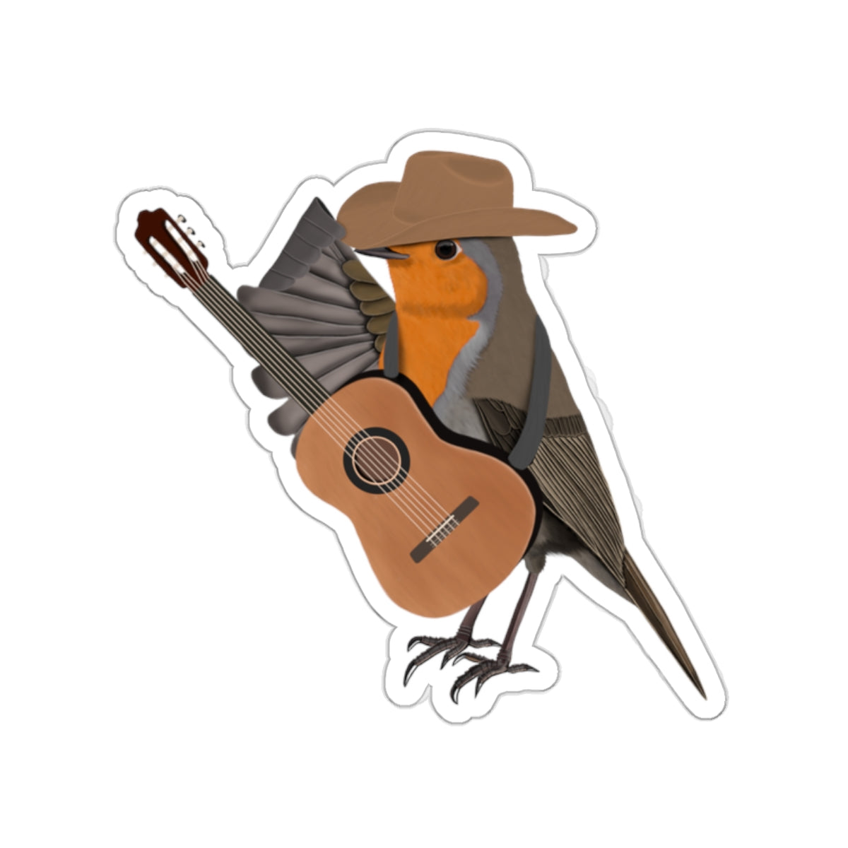 Robin with Cowboy Hat and Guitar Country Music Bird Kiss-Cut Sticker