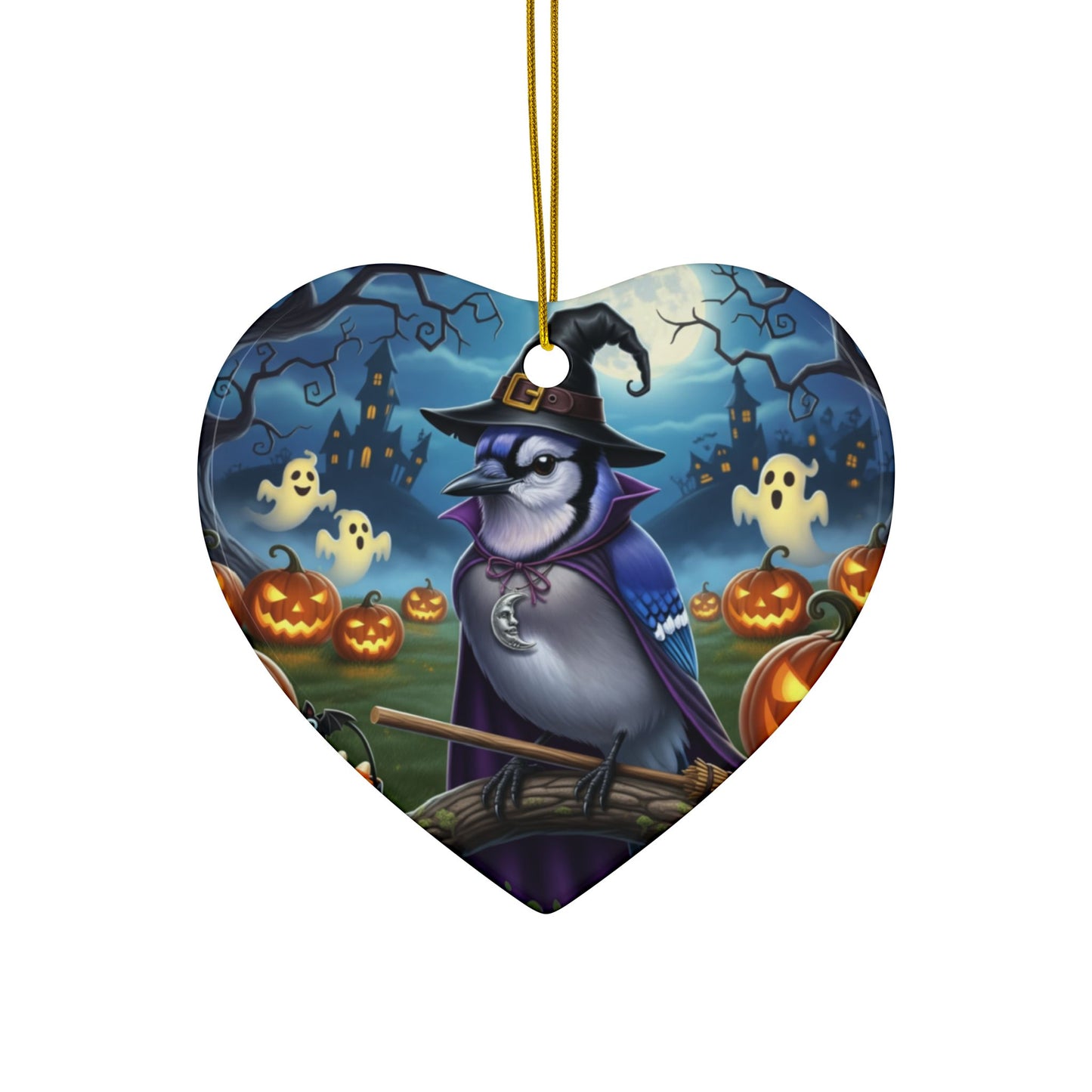 Funny Blue Jay Bird Halloween Ornament, Double-Sided Ceramic Decor for Spooky Season