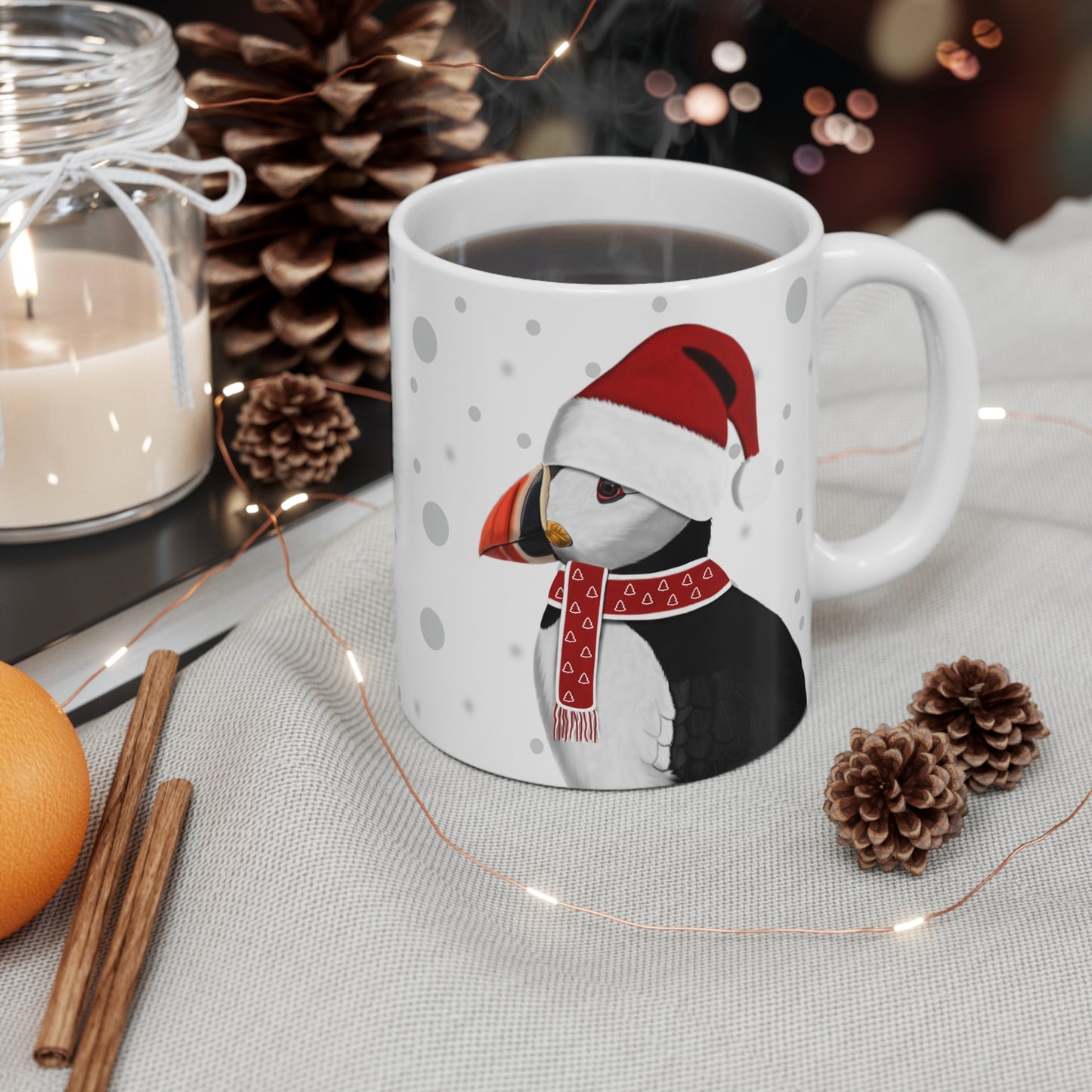 Puffin with Red Santa Hat and Scarf Christmas Bird Ceramic Mug 11oz