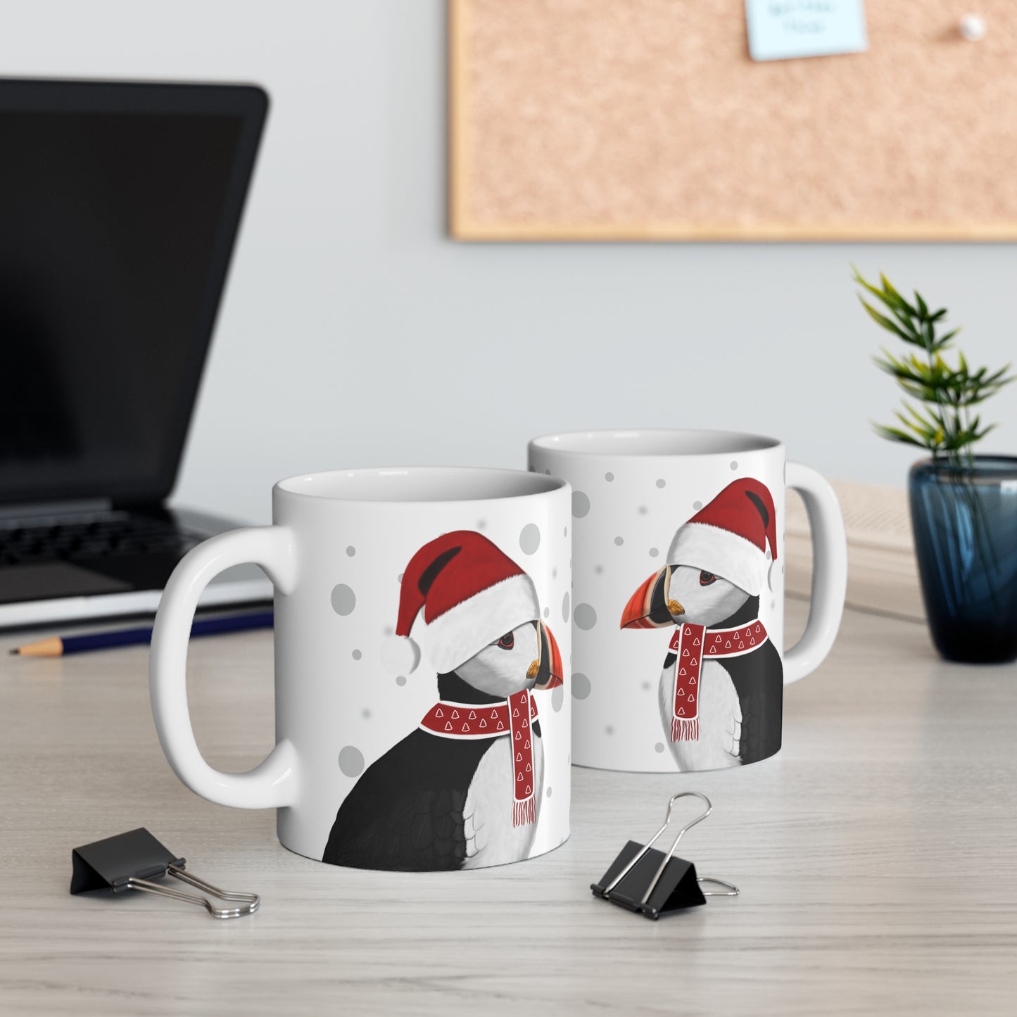 Puffin with Red Santa Hat and Scarf Christmas Bird Ceramic Mug 11oz