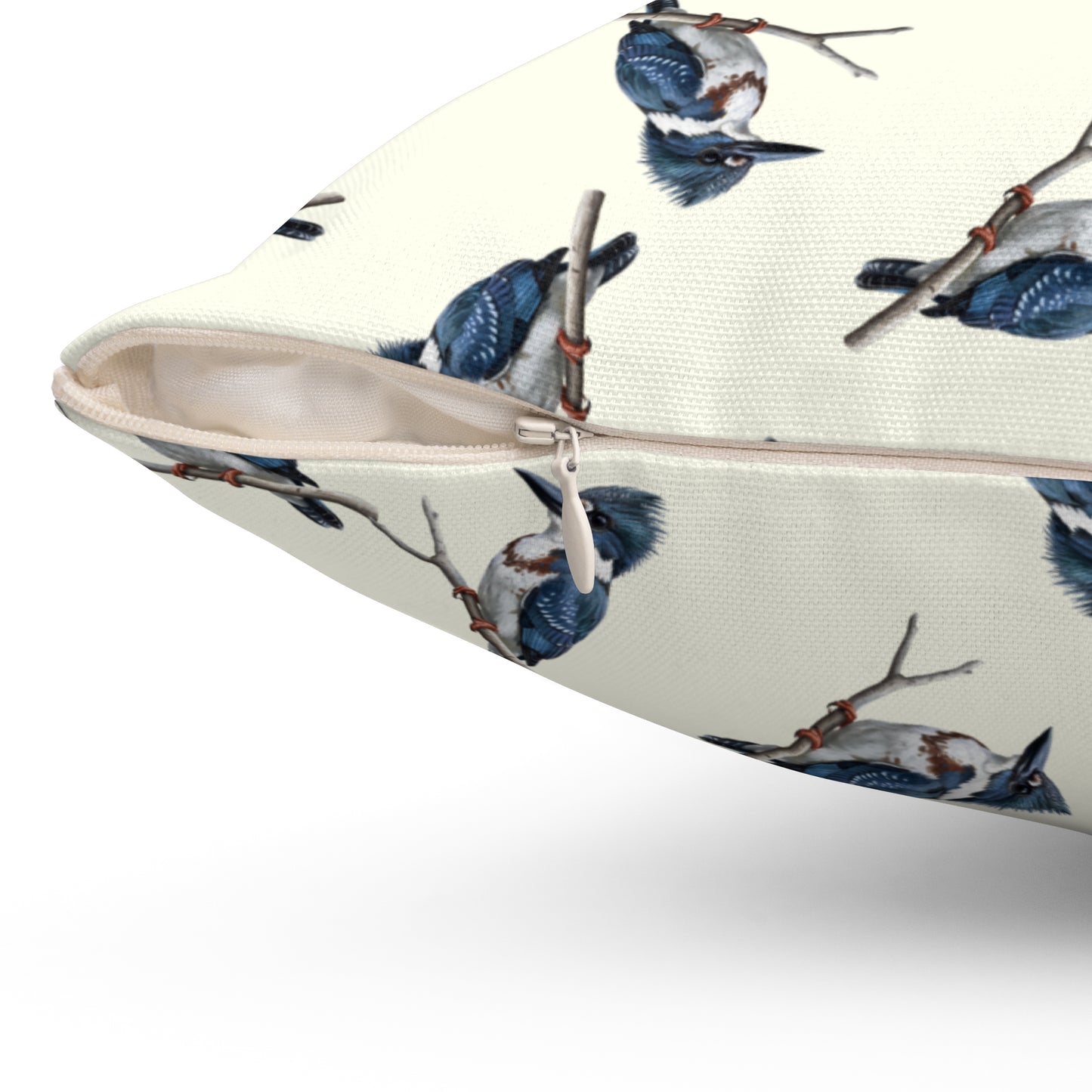 Belted Kingfisher All-Over Pattern Throw Pillow Creamy White | Decorative Bird Art Home Decor