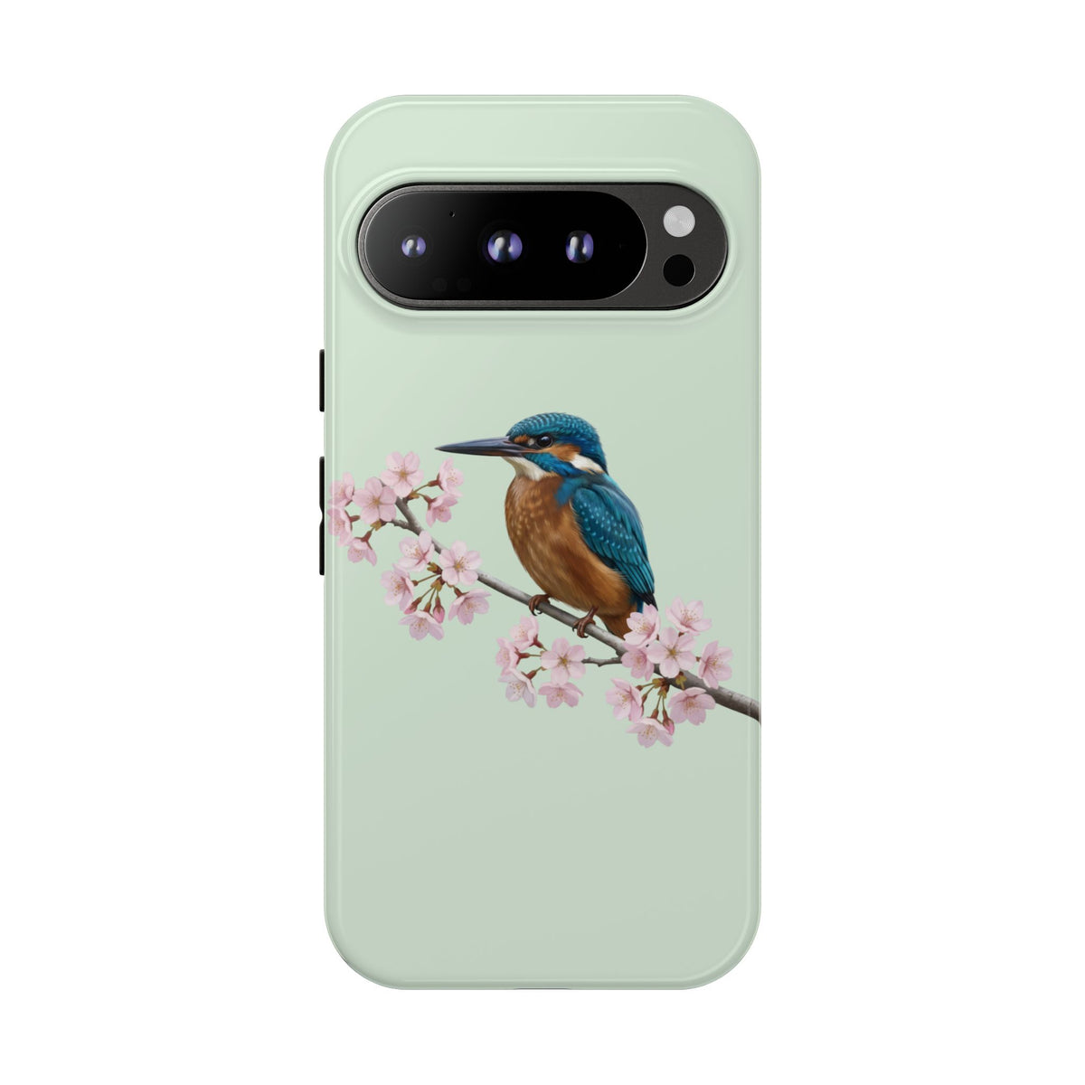 Eisvogel Handyhülle in Salbeigrün | Florales Kirschblüten Vogel-Motiv für iPhone & Google Pixel