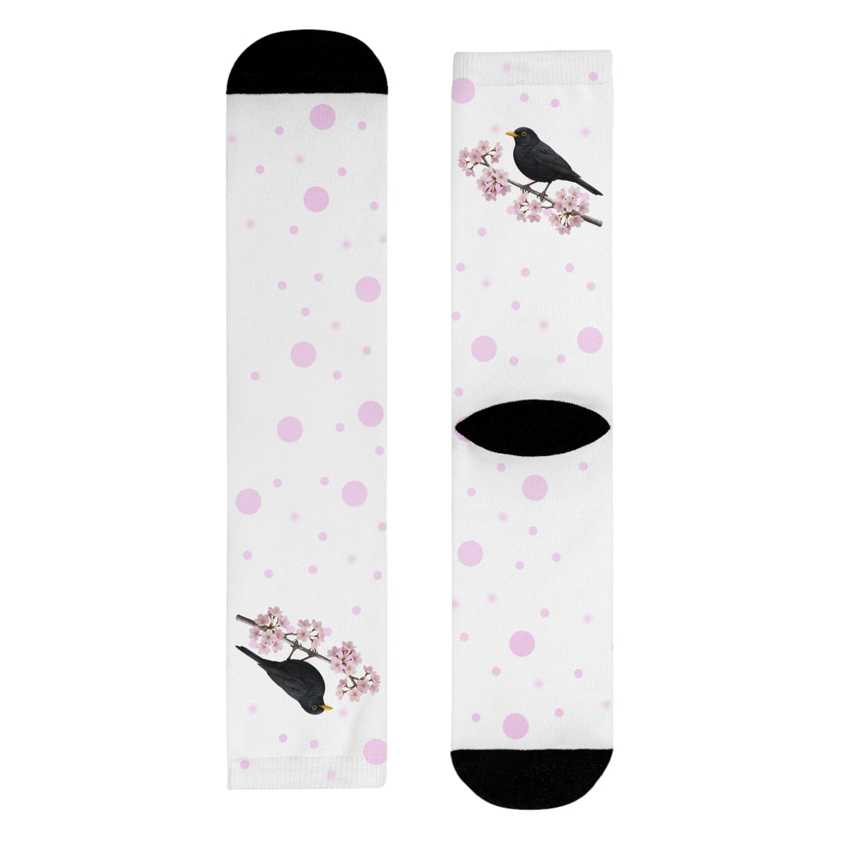 Amsel Socken – mit Kirschblüten | Weiß Rosa gepunktete Vogelmotiv Strümpfe