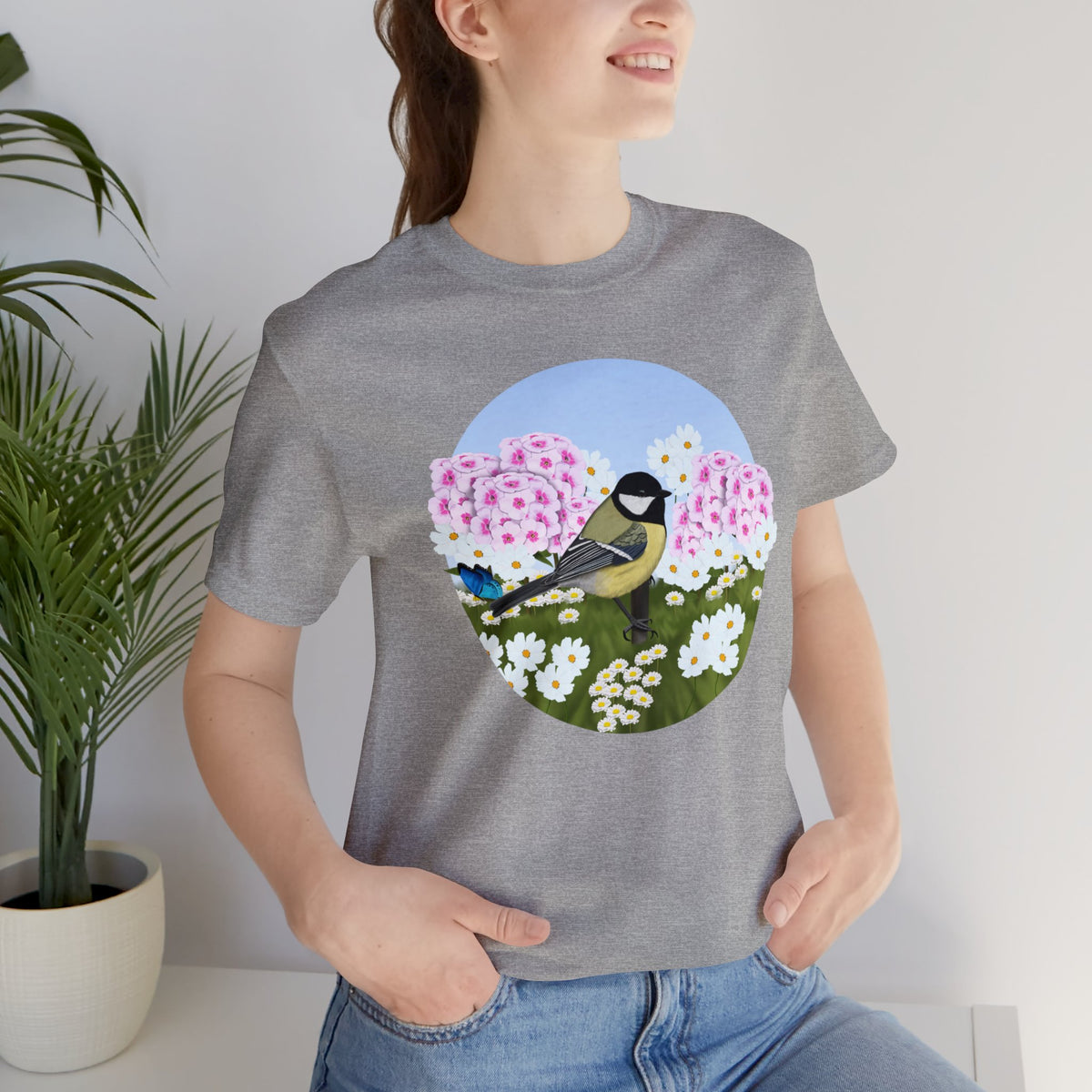 Chickadee and Summer Flowers Bird Tee