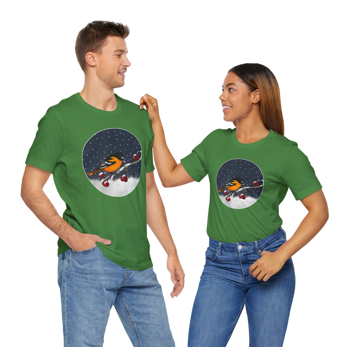 Baltimore Oriole on a Winter Branch Birdwatcher Christmas Bird T-Shirt