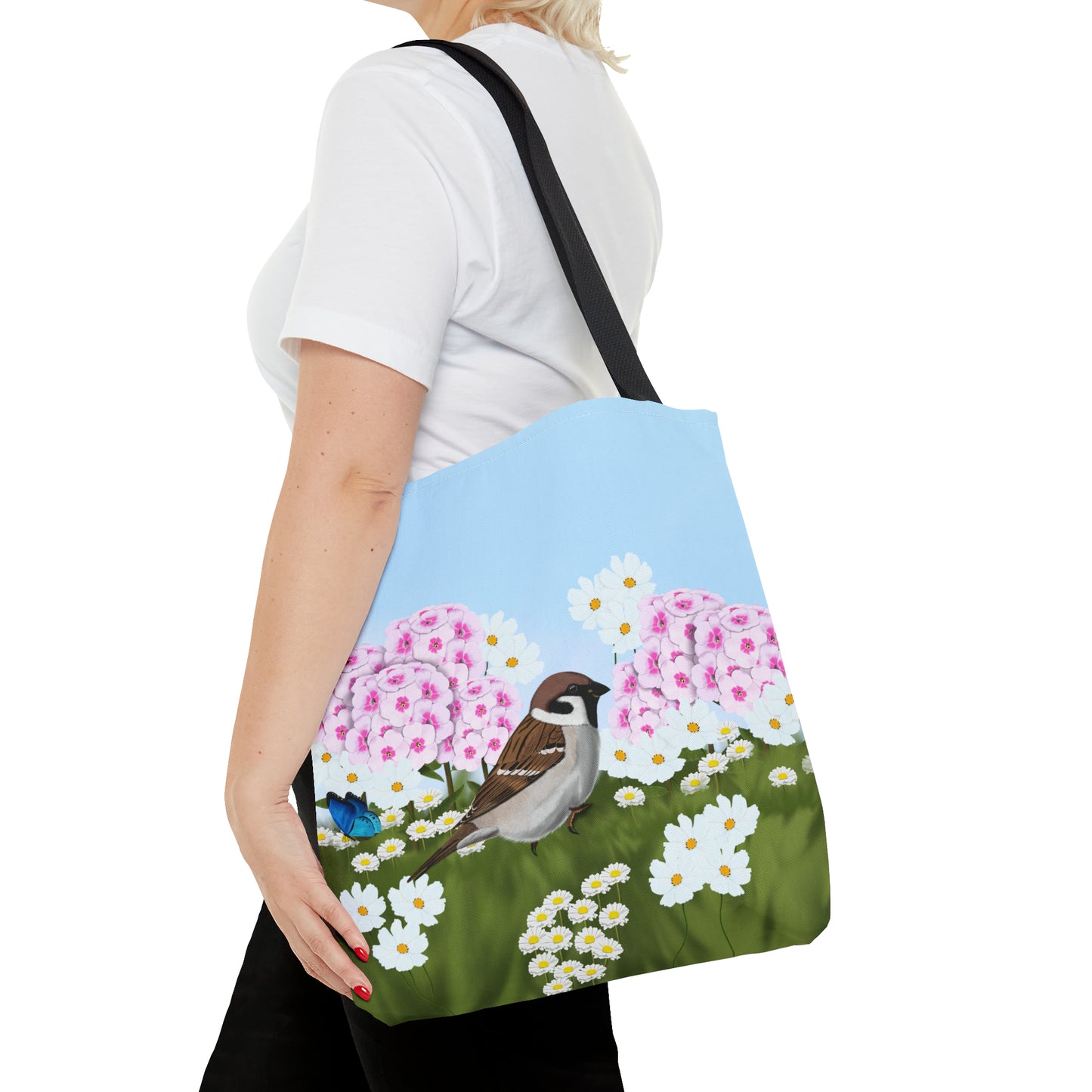 Tree Sparrow in Summer Flowers Bird Tote Bag 16"x16" - jz.birds