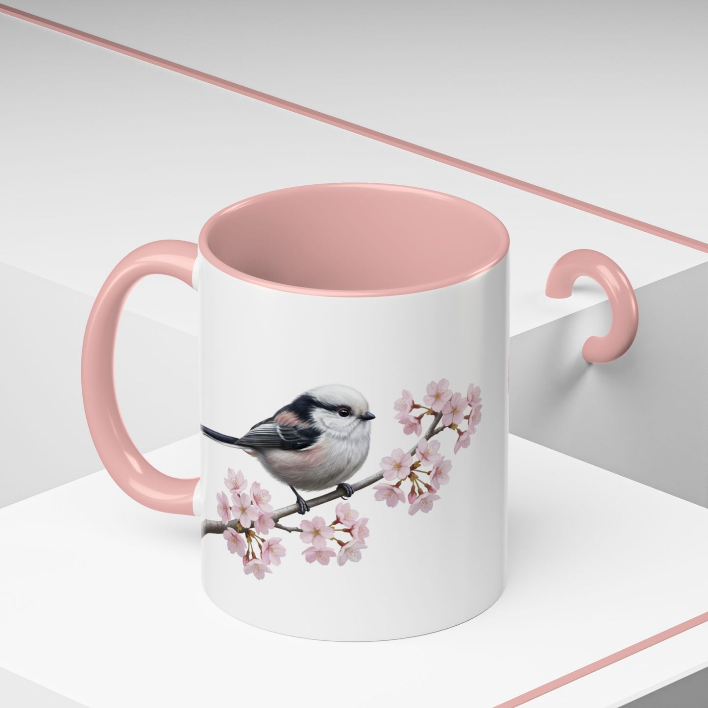 Schwanzmeise Tasse mit Kirschblüten | Rosa Keramiktasse für Vogelfreunde