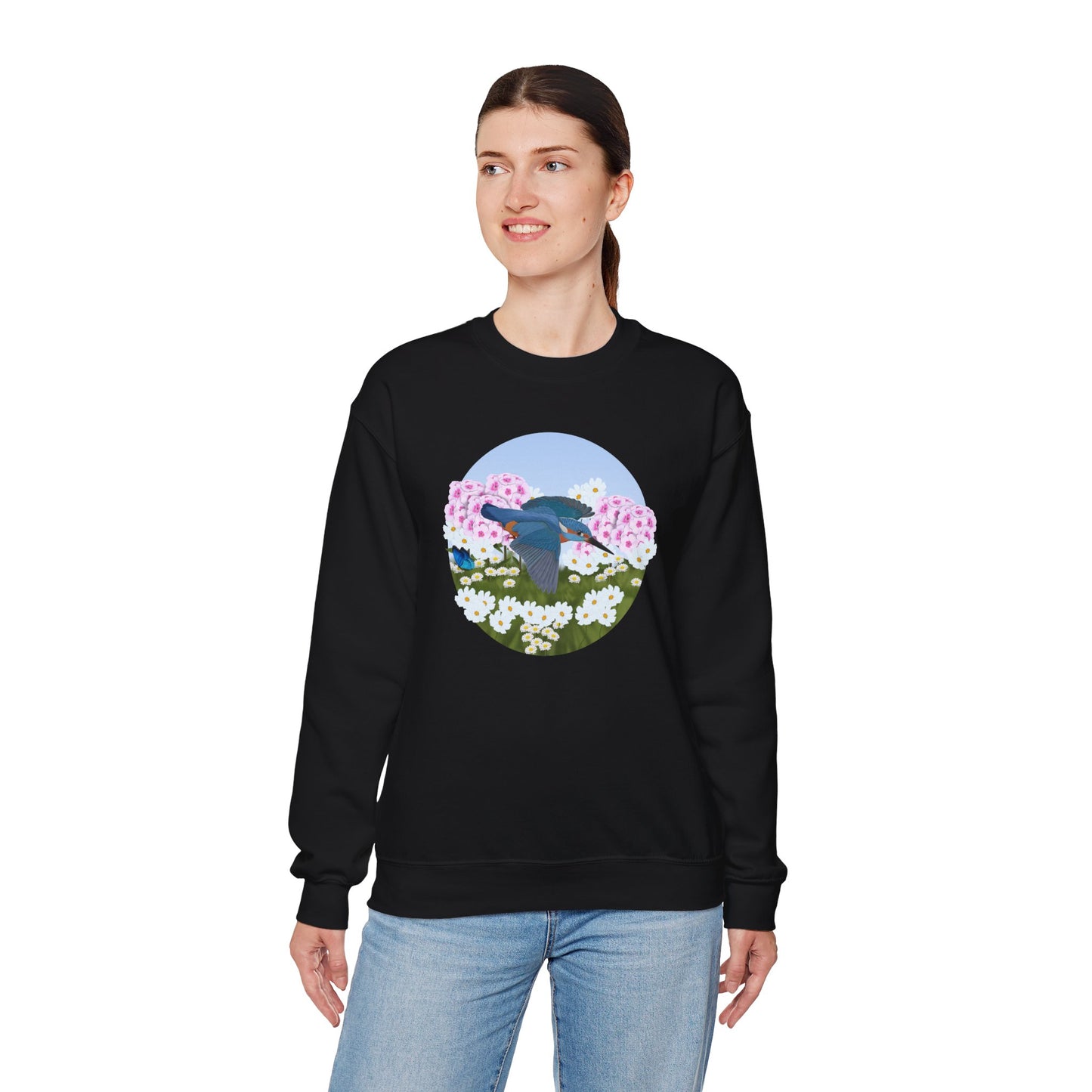 Kingfisher with Summer Flowers Sweatshirt Birding & Bird Watching Bird Lovers