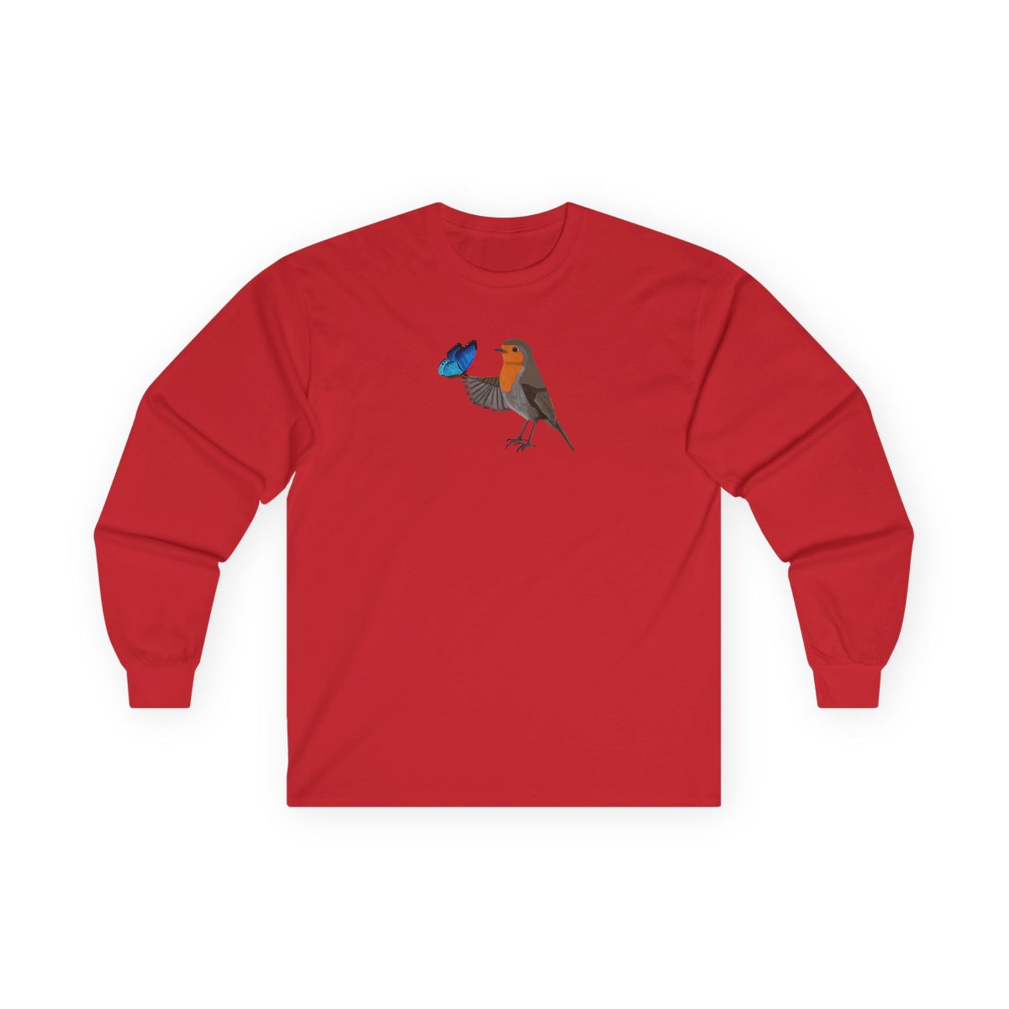 Robin with Butterfly Birding & Birdwatching Bird Cotton Long Sleeve T-Shirt